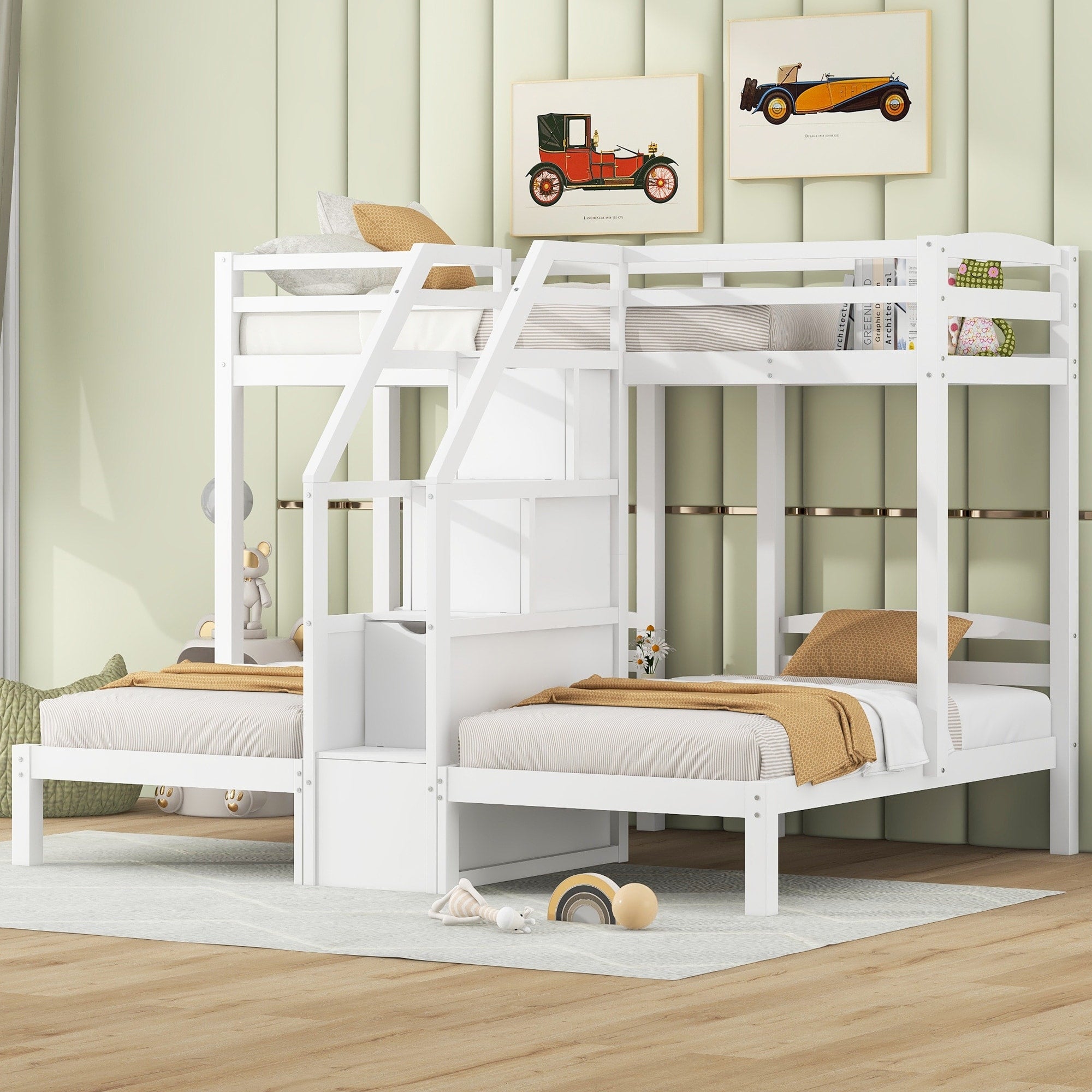 Roomfitters Twin Over Twin And Twin Triple Bunk Bed With Storage Staircase And Drawer White