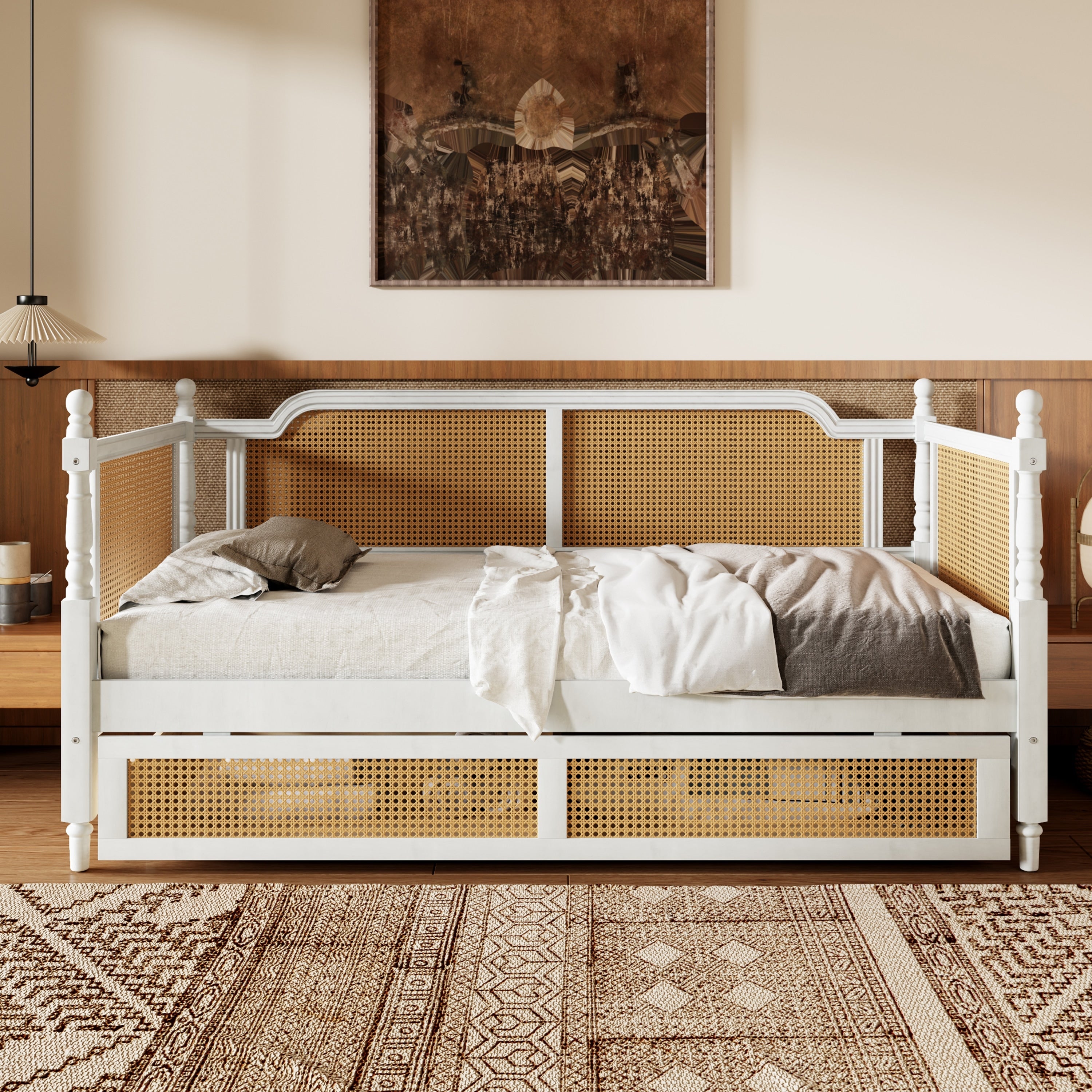 Roomfitters Twin Size Daybed With Storage Drawer French Vintage Rattan Cane Wood Sofa Bed Frame For Bedroom Antique White