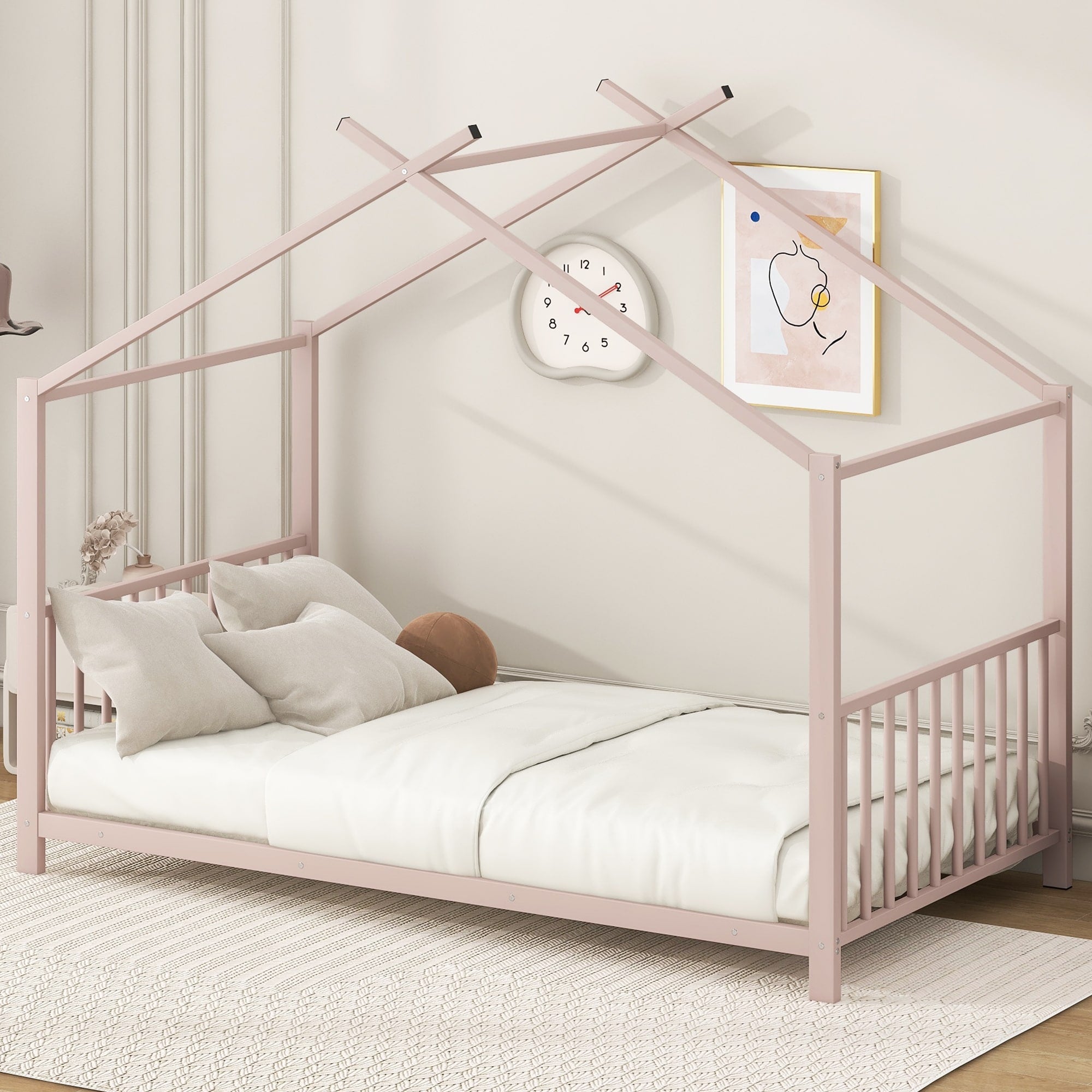 Roomfitters Twin Size House Bed Modern Metal Floor Bed Frame With Roof Sleek Scandi Style Sleep Space Pink