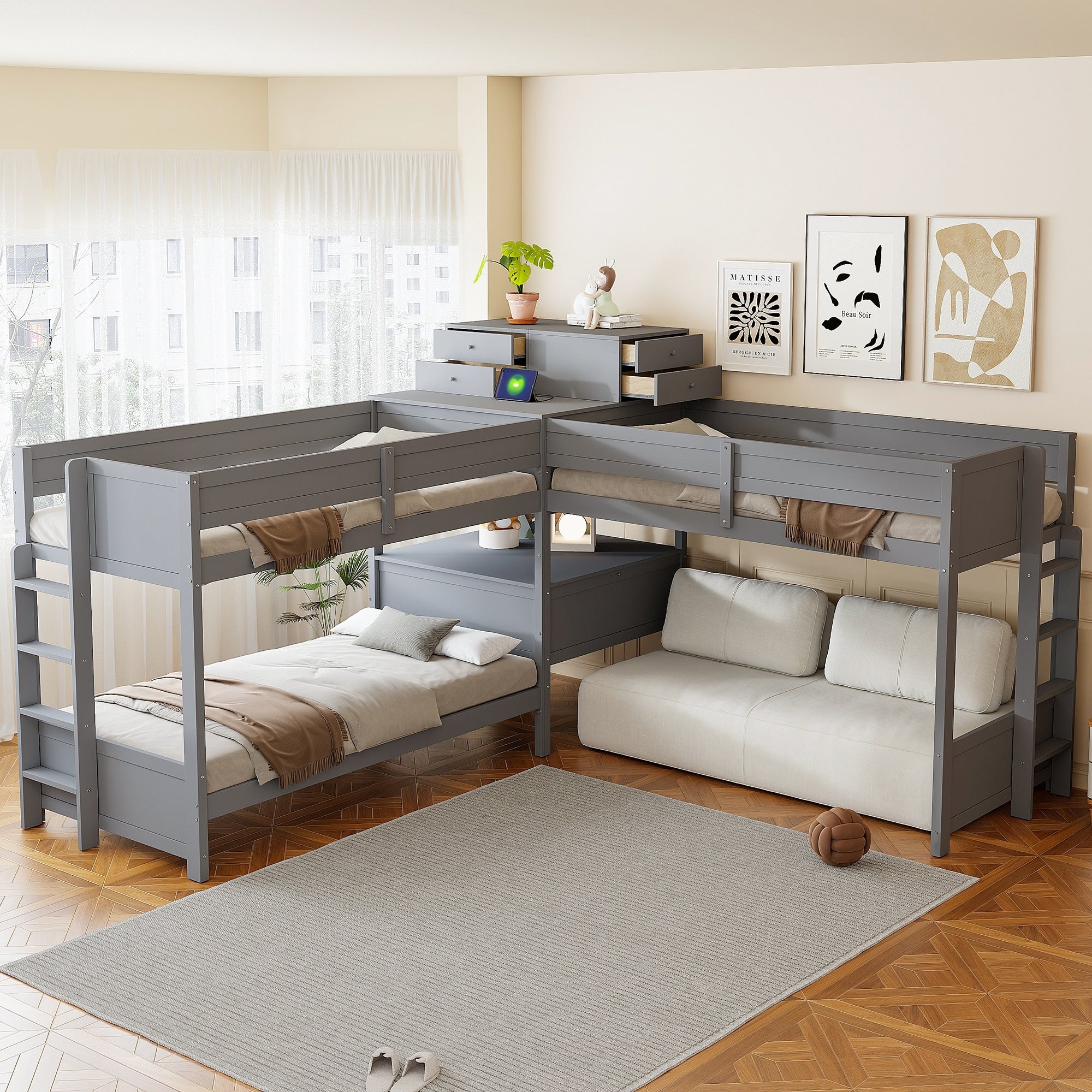 Roomfitters Twin Size L Shaped Bunk Bed Modern Corner High Loft Frame With Storage Drawers Wood Mattresses Foundation