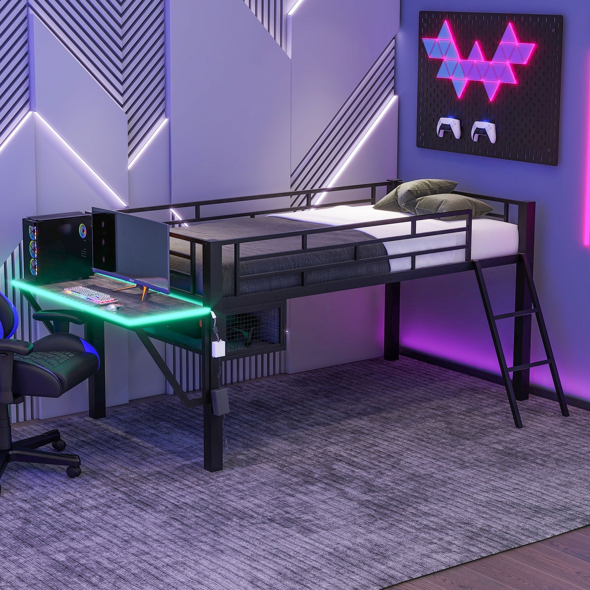 Roomfitters Twin Size Metal Gaming Mid Loft Bed With Desk Built In Led Lights Workstation Station Bed Frame