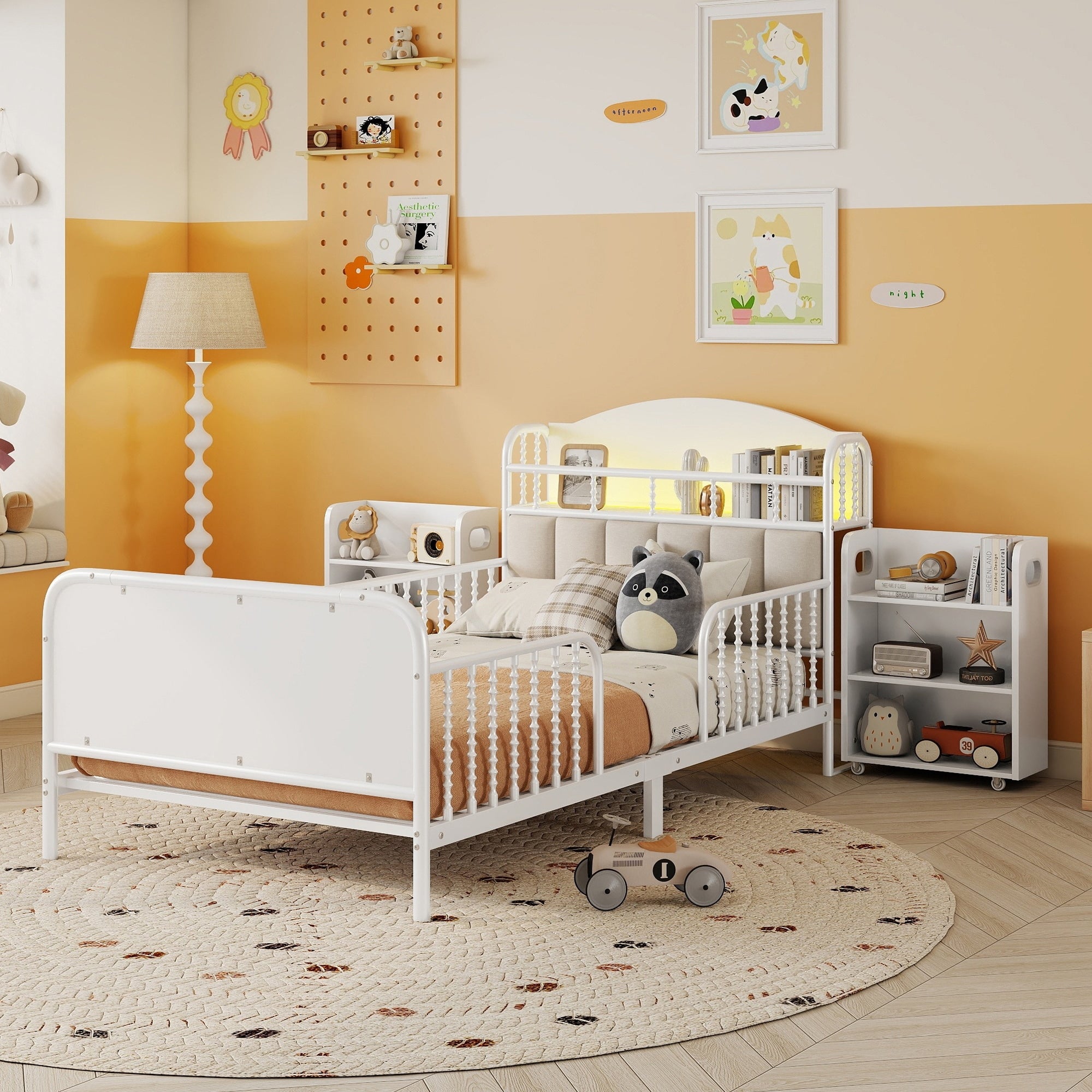 Roomfitters Twin Size Metal Platform Bed Led Storage Headboard And Pull Out Shelves With Metal Frame For Bedroom
