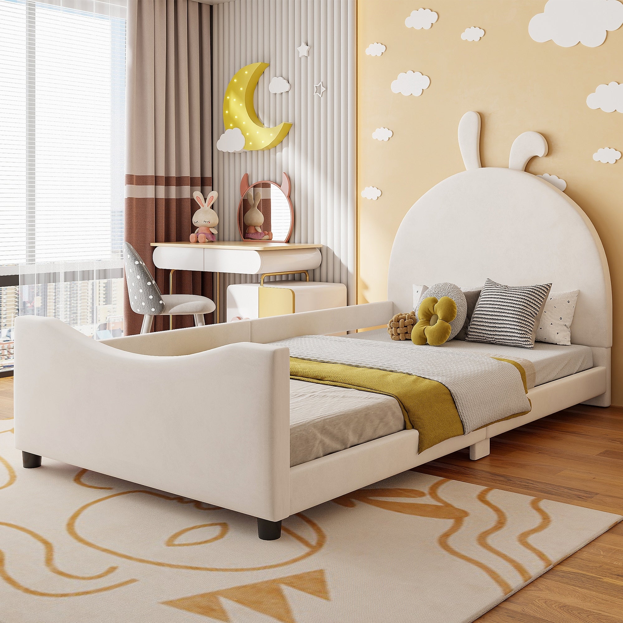 Roomfitters Twin Size Upholstered Daybed Frame With Bunny Ear Headboard And Side Guardrails For Bedroom Furniture