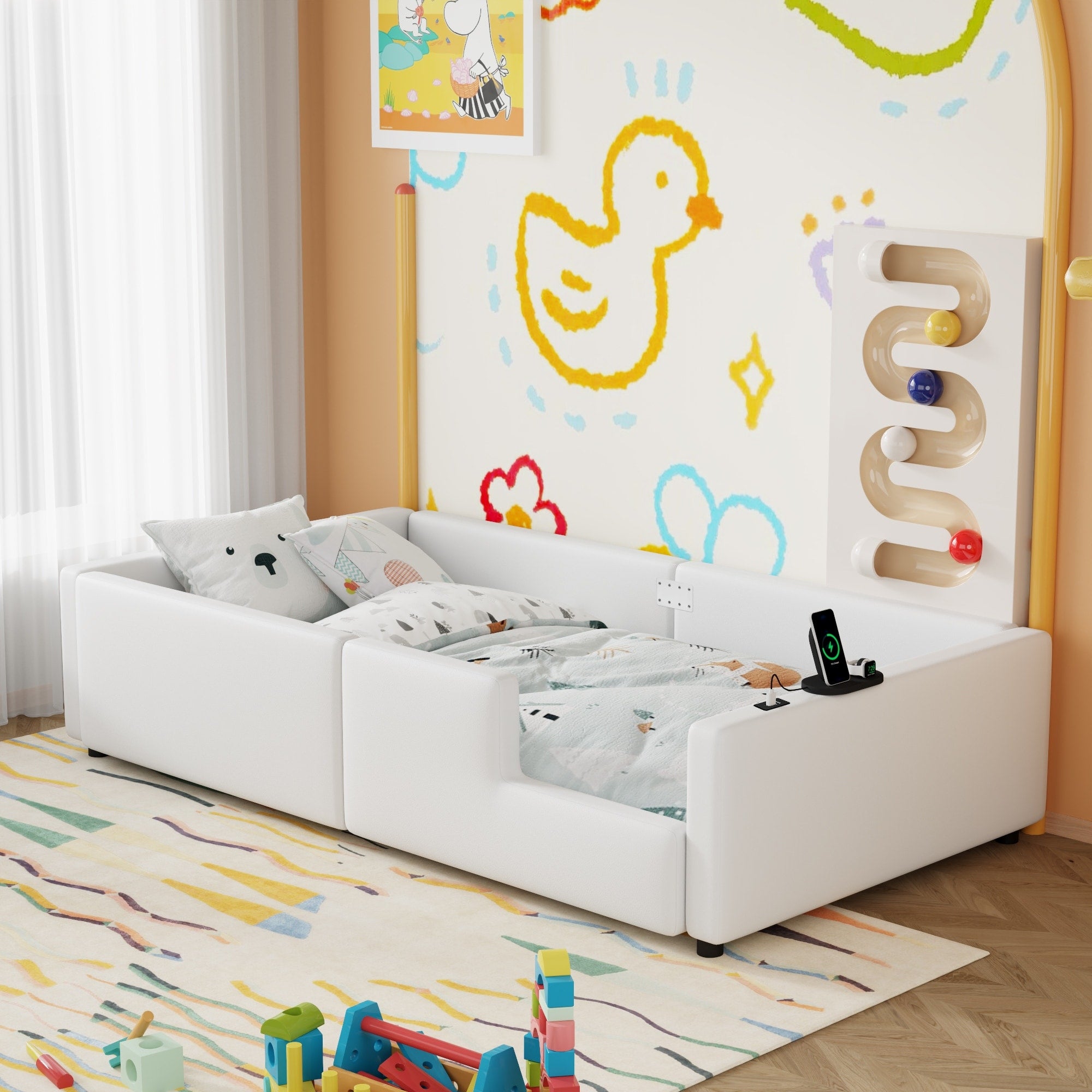 Roomfitters Twin Size Upholstered Floor Bed With Usb Charging Ports And High Guardrails Modern Padded Bed Frame
