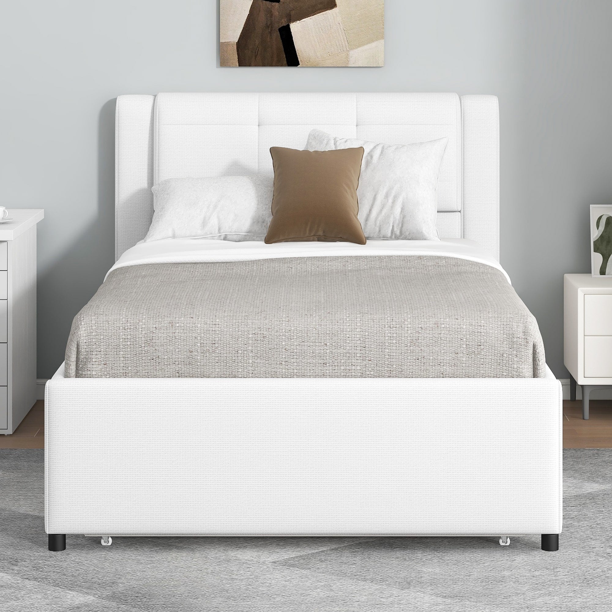 Roomfitters Twin Size Upholstered Platform Bed Frame With Pop Up Trundle Tufted Daybed For Bedroom Guest Room