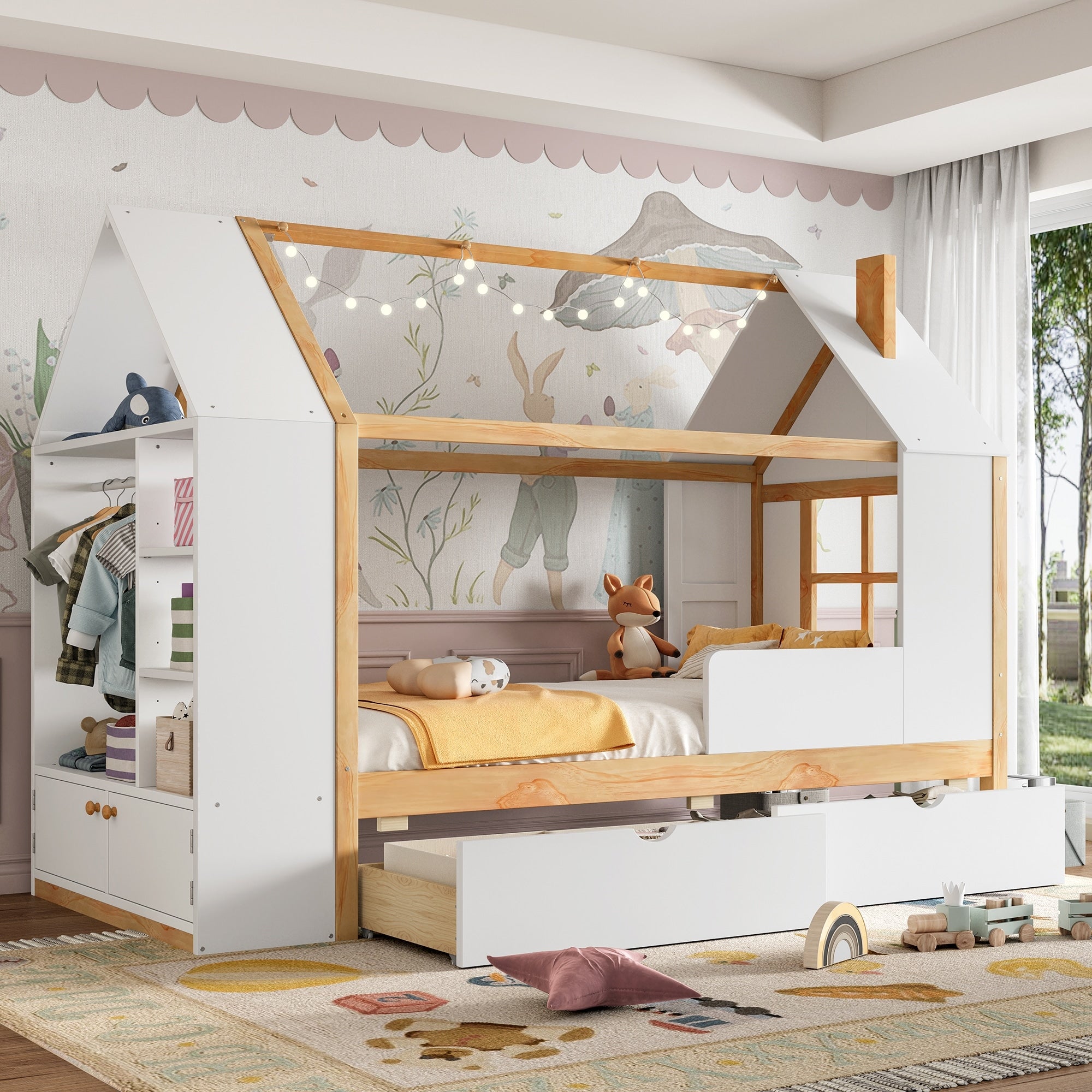 Roomfitters Twin Wood House Platform Bed Wardrobe Shelves 2 Storage Units White Kids Bed With Gabled Frame Set