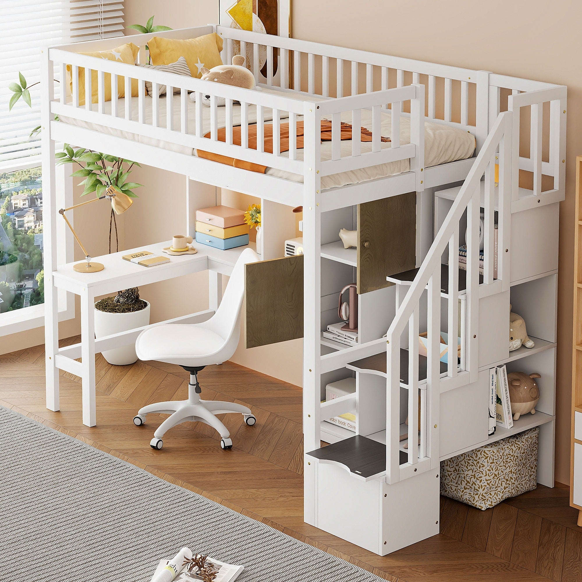 Roomfitters Twin Wood Loft Bed With Built In Desk Storage Cabinets And Led Light
