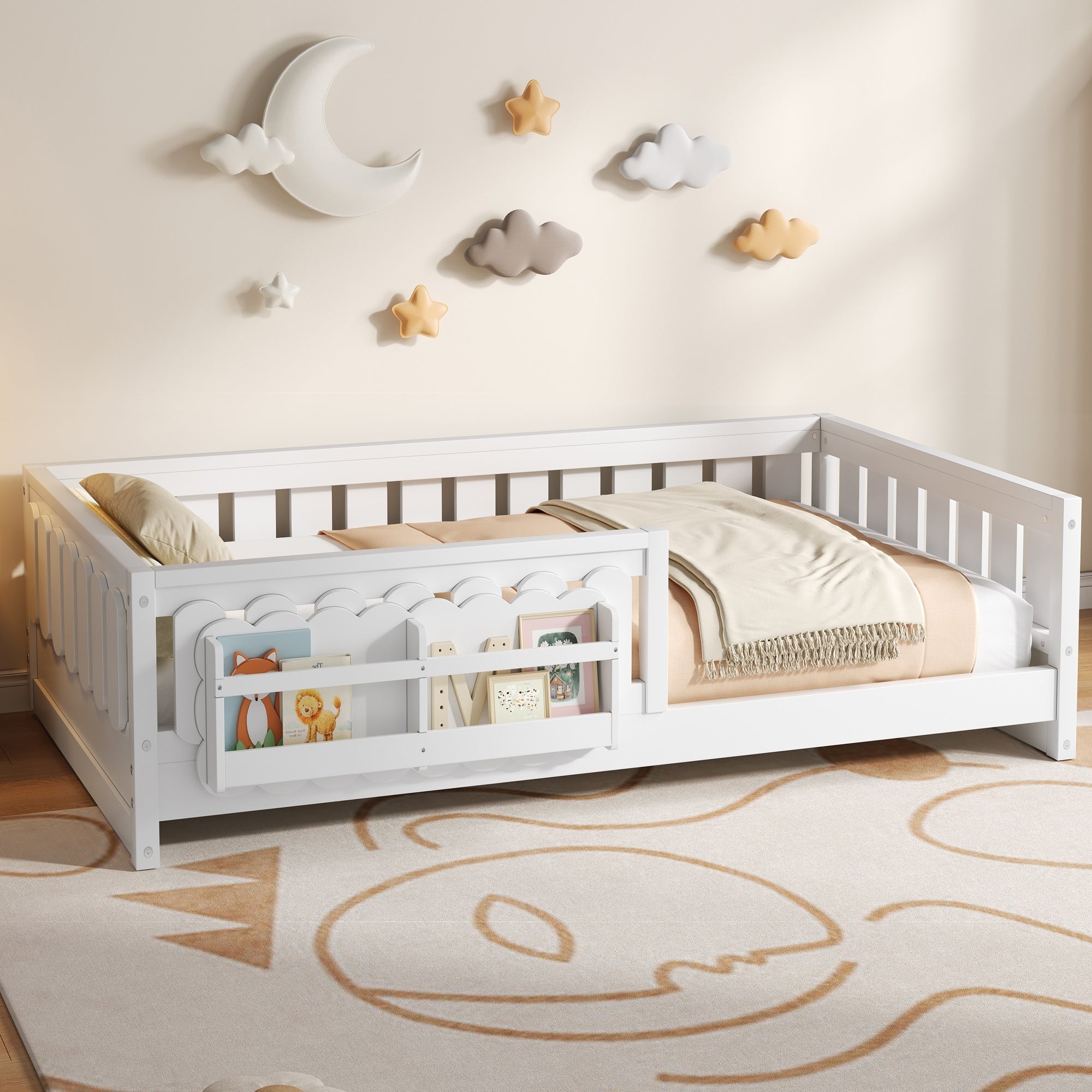 Roomfitters Twin Wood Platform Bed With Guardrail And 2 Bookshelves
