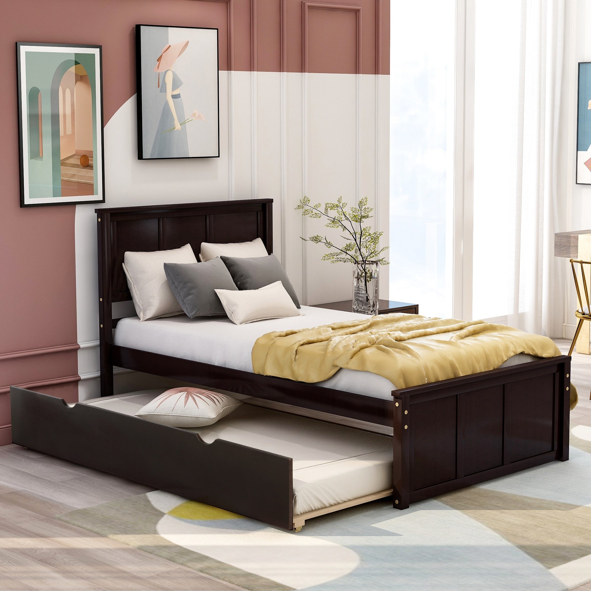 Roomfitters Twin Wood Platform Bed With Pull Out Trundle Espresso Finish