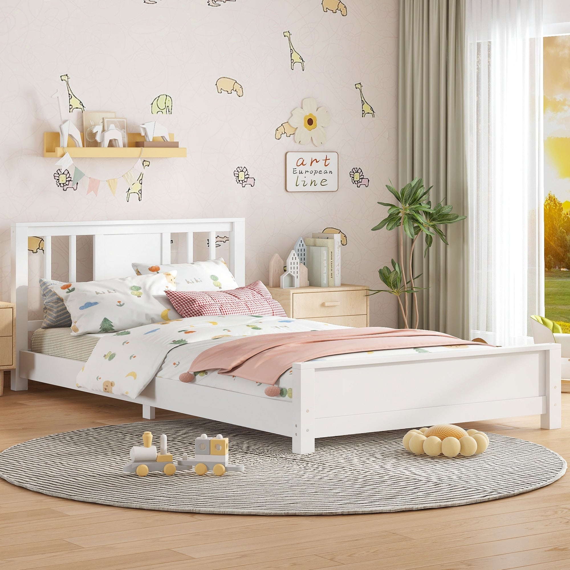 Roomfitters Twin Wood Platform Bed Classic Slatted Headboard Modern Low Profile Floor Bed With Pinewood Slats