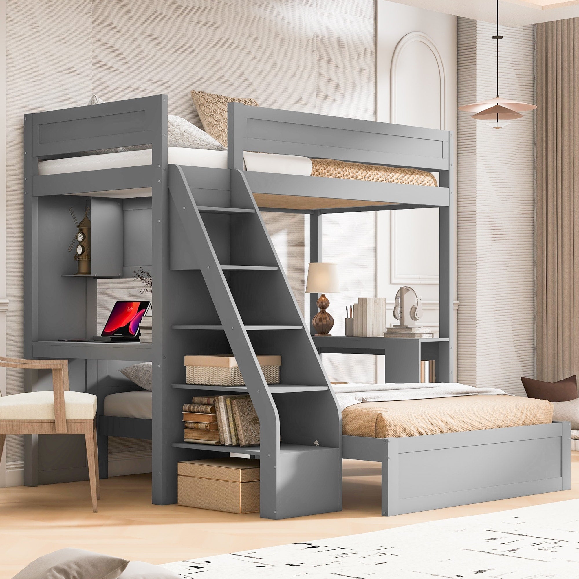 Roomfitters Twin Xl Over Full Bunk Bed With Built In Desk Usb Port And Shelves