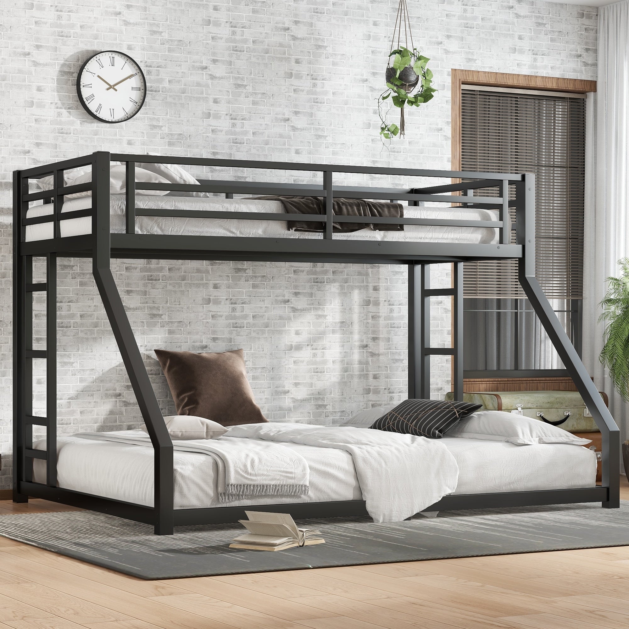 Roomfitters Twin Xl Over Queen Metal Bunk Bed Dual Ladders High Enclosure Guardrails Black Heavy Duty Bed Frame For Teens