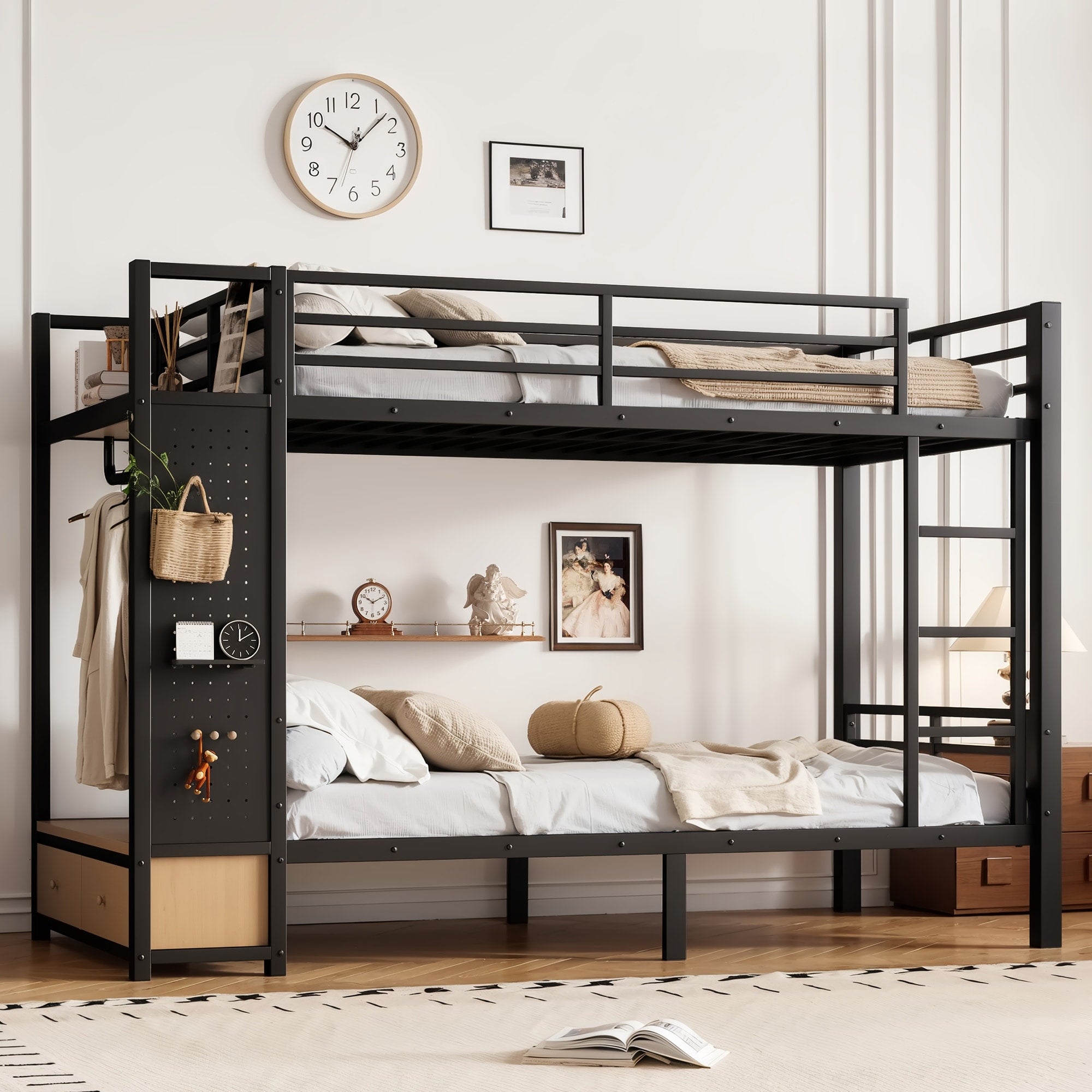 Roomfitters Twin Xl Over Twin Xl Metal Bunk Bed Wardrobe Storage Units Pegboard Black Heavy Duty Bed Frame For Teen Dorms