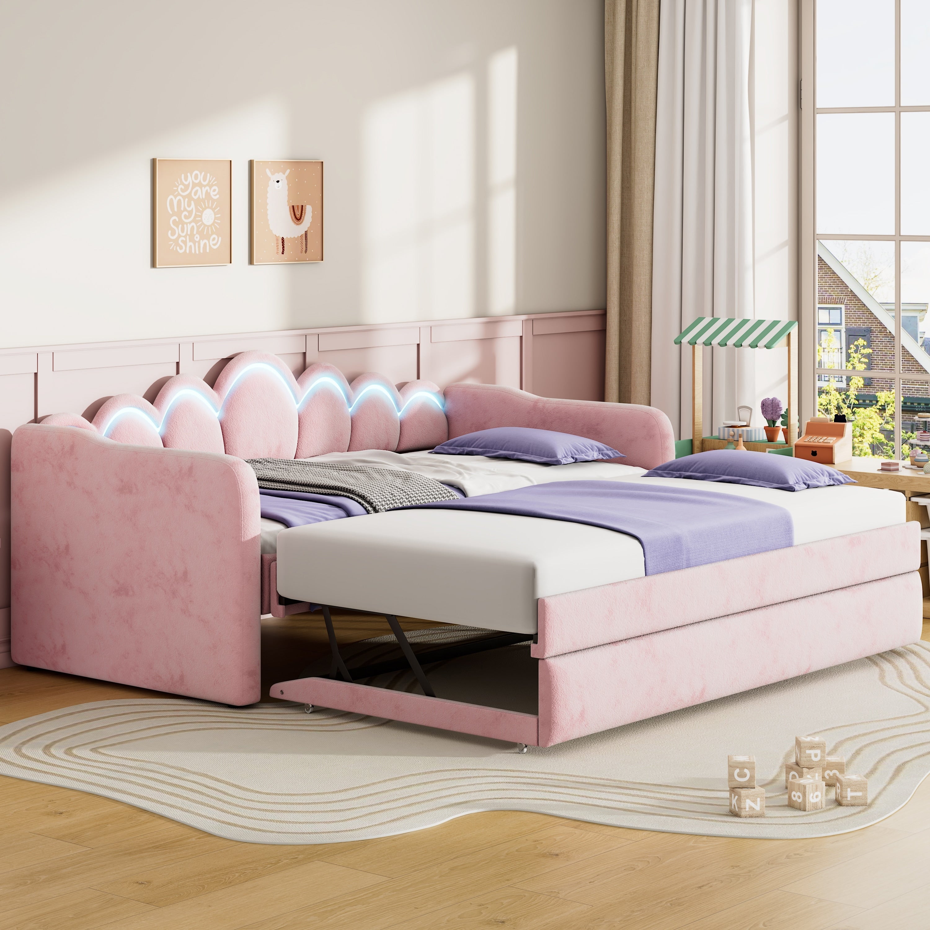 Roomfitters Twin Xl Size Upholstered Daybed Frame With Pop Up Trundle Scalloped Crown Sofa Bed With Led Lights Pink
