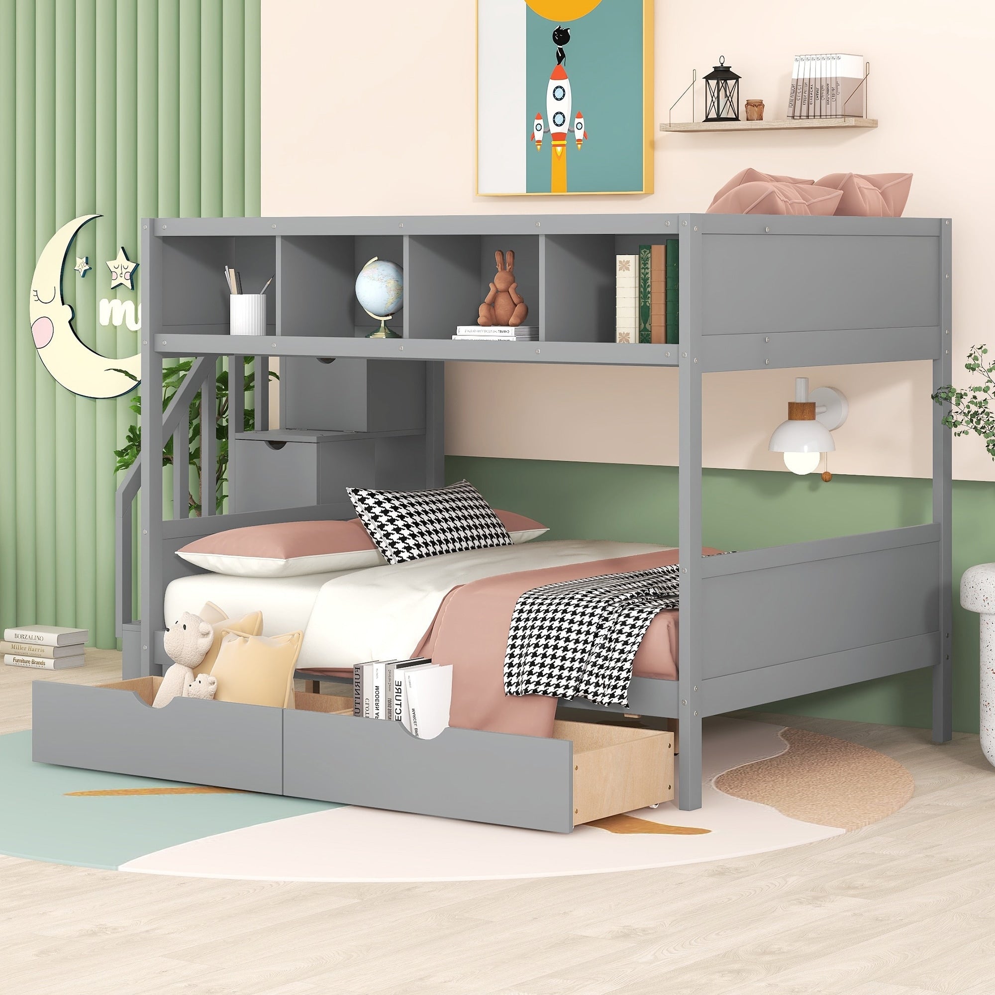 Roomfitters Twin Over Full Bunk Bed Storage Stairway 5 Compartment Display Shelf Wood Frame 2 Units Guardrails Set