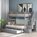 Roomfitters Twin Over Full Bunk Bed Storage Stairway Twin Trundle Wood Bed Frame 4 Storage Units Open Shelving Set