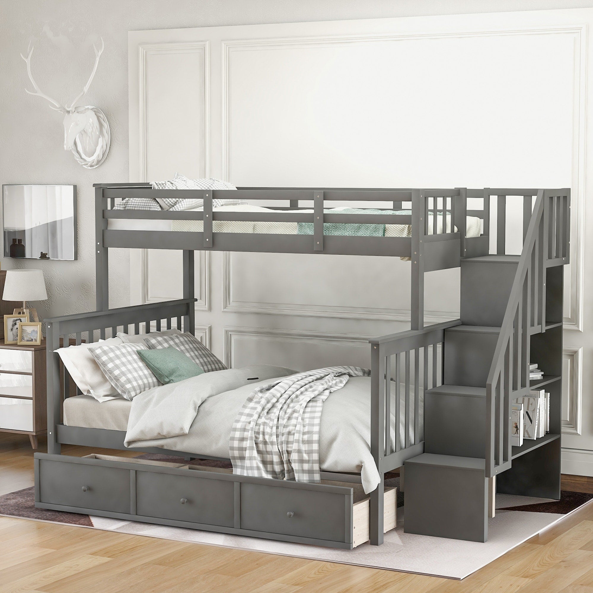 Roomfitters Twin Over Full Bunk Bed Storage Stairway Under Bed Units Wood Frame 4 Open Shelves Safety Guardrails