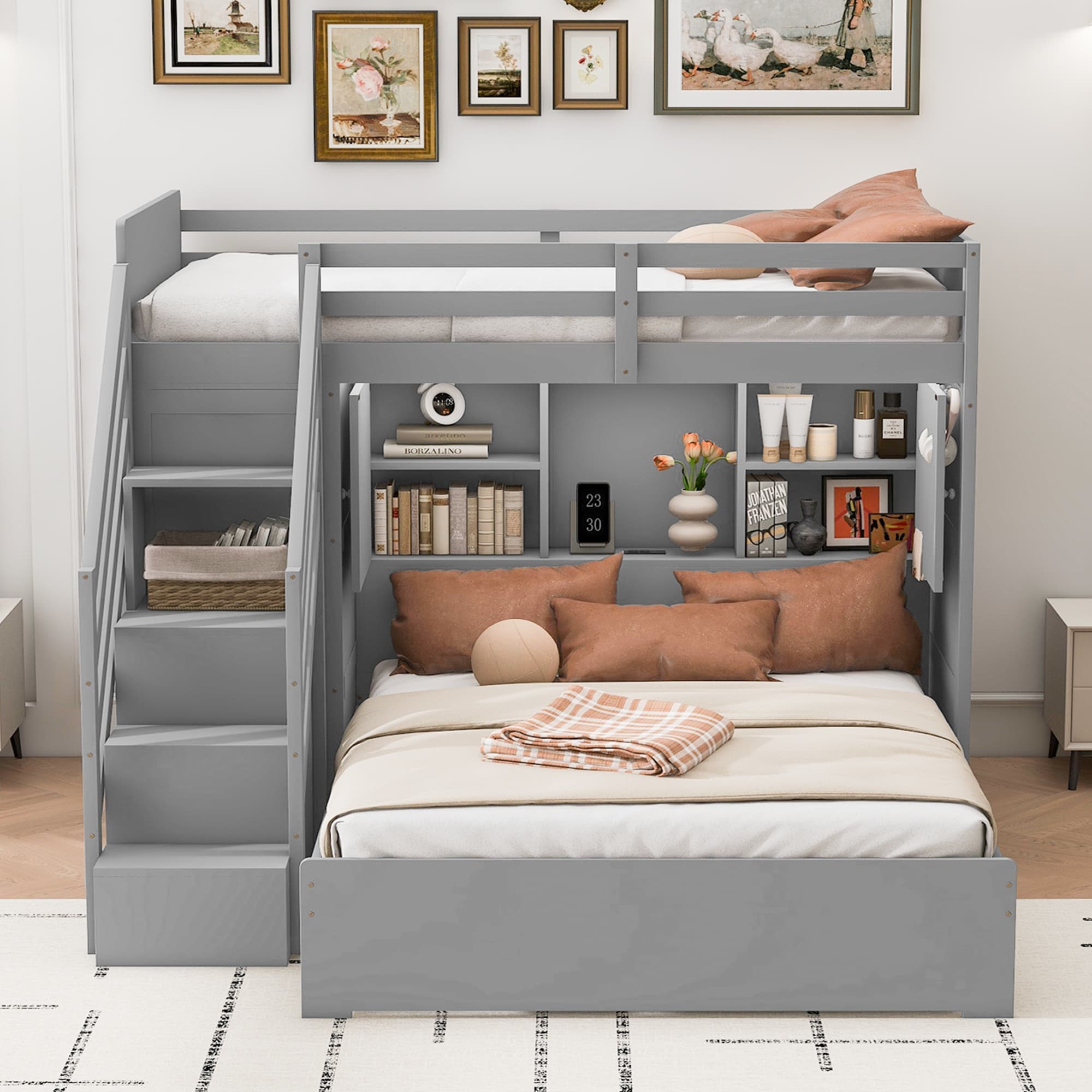 Roomfitters Twin Over Full Bunk Bed Storage Stairway Wardrobe Wood Bed Frame 3 Compartment Bookshelf Usb Charging