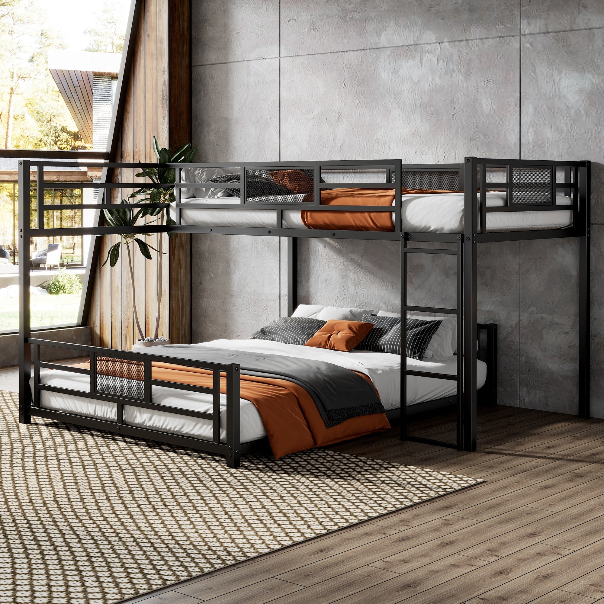 Roomfitters Twin Over Full Size L Shaped Metal Bunk Bed Frame With Safety Guardrails Industrial Corner Bed Black