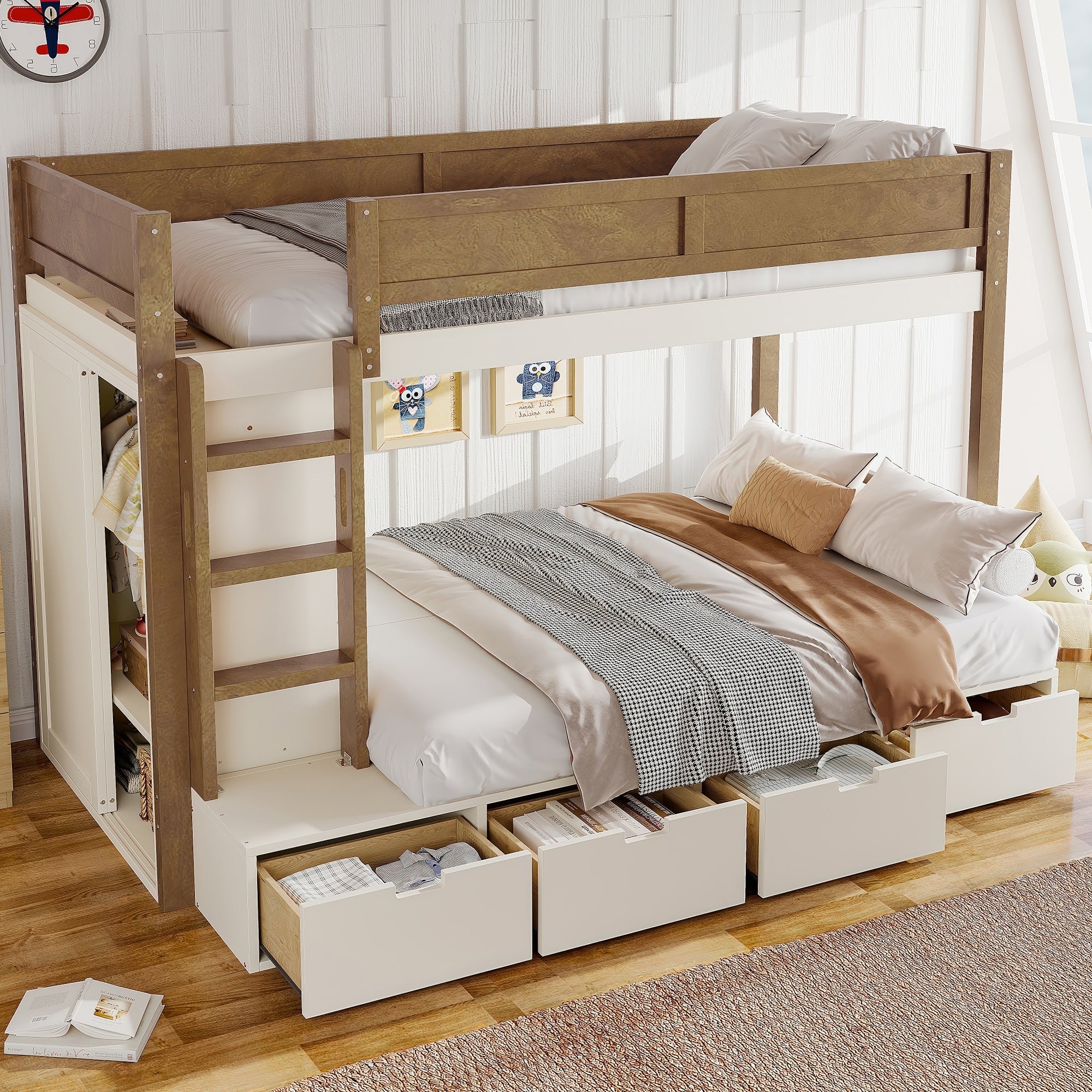 Roomfitters Twin Over Twin Full Bunk Bed With Wardrobe And 4 Drawers Solid Wood Frame