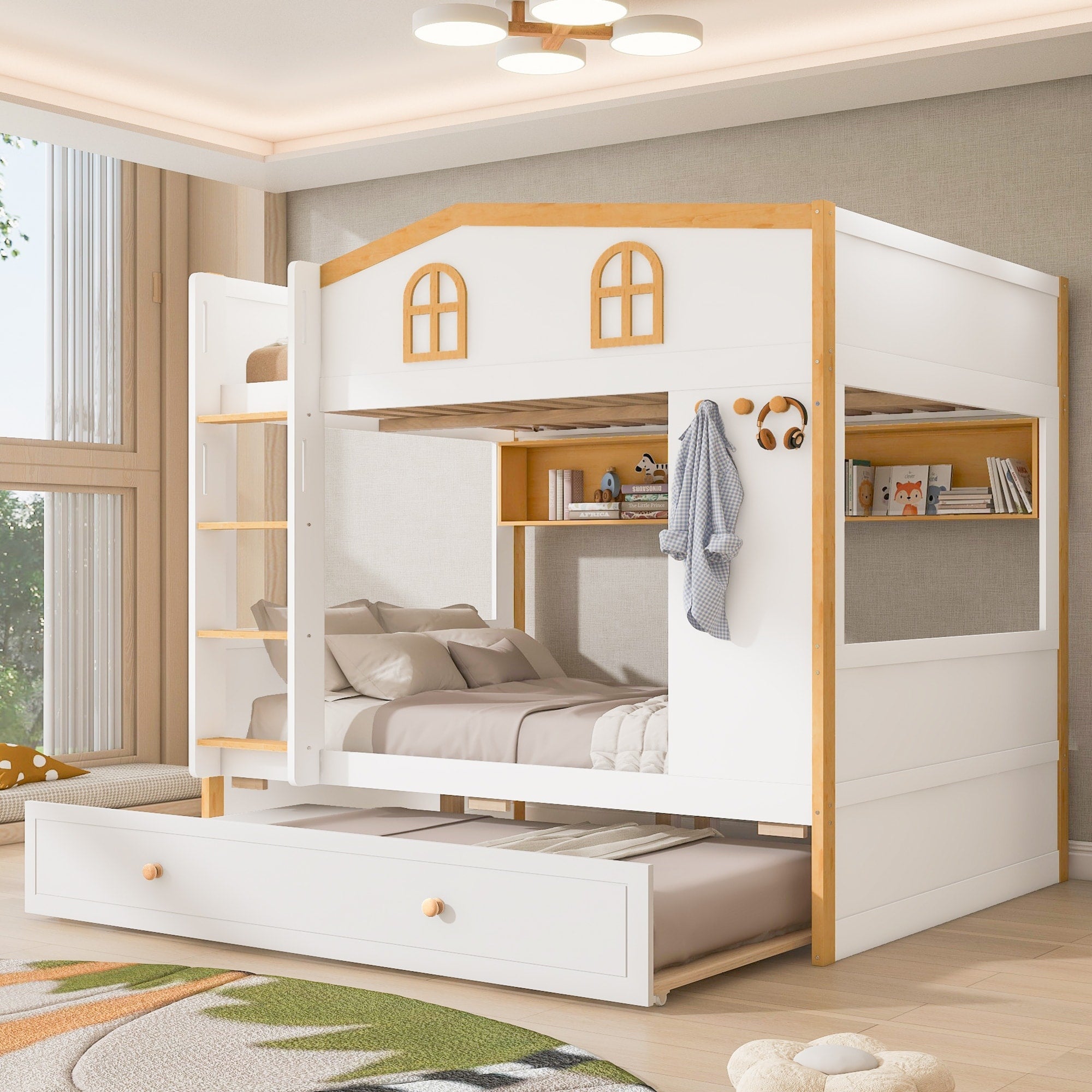 Roomfitters Twin Over Twin Size Wooden House Bunk Bed With Pull Out Trundle And Shelves Playhouse Frame Bed