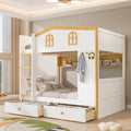 Roomfitters Twin Over Twin Size Wooden House Bunk Bed With Storage Drawers And Shelves Playhouse Frame Bed