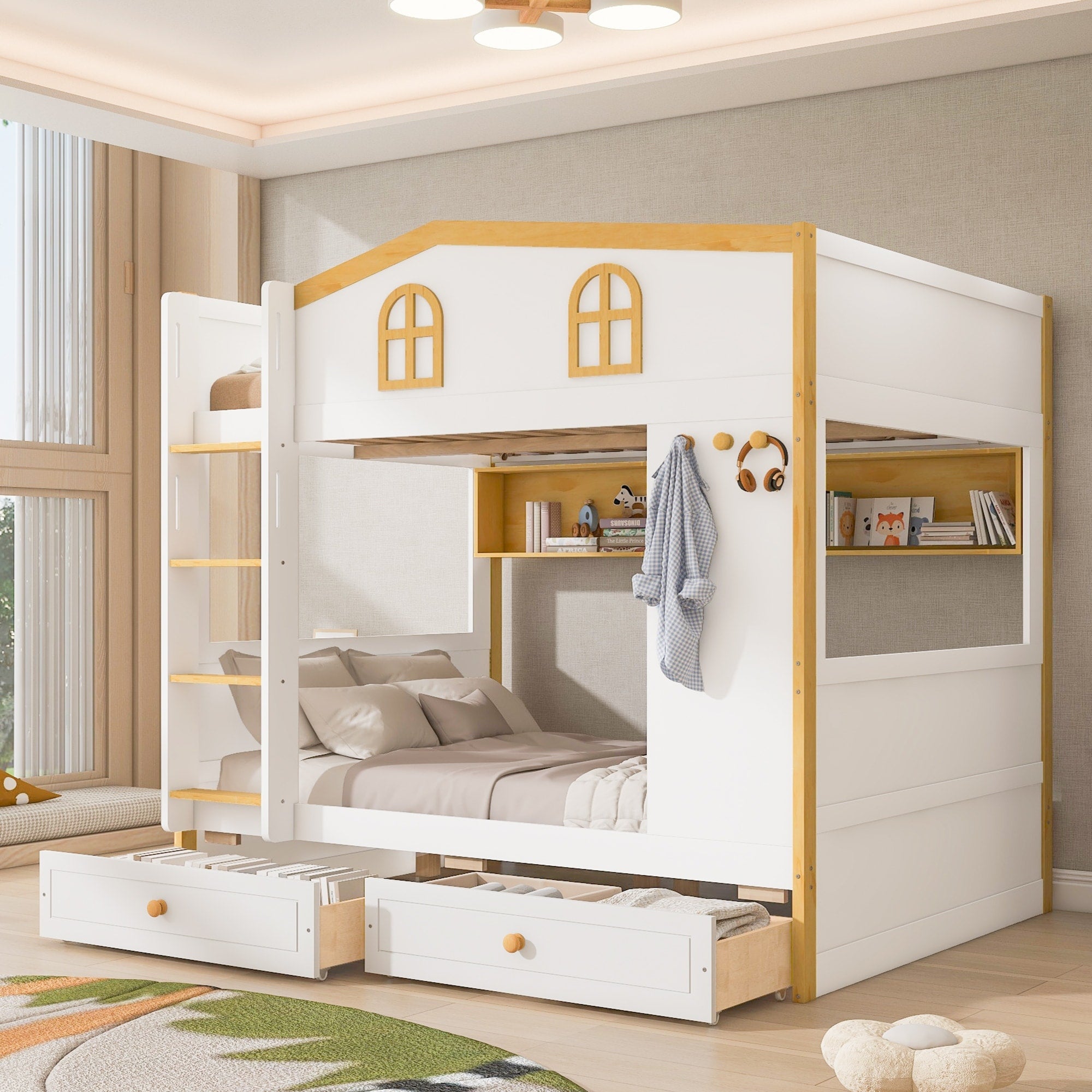 Roomfitters Twin Over Twin Size Wooden House Bunk Bed With Storage Drawers And Shelves Playhouse Frame Bed