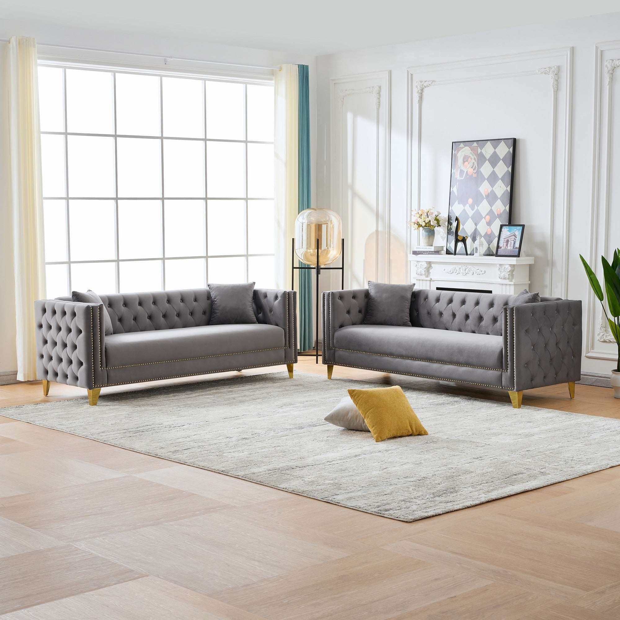 Roomfitters Two 80 Modern Tuxedo Sofa Set With Button Back And Gold Legs 2 Piece Upholstered Living Room Furniture Grey