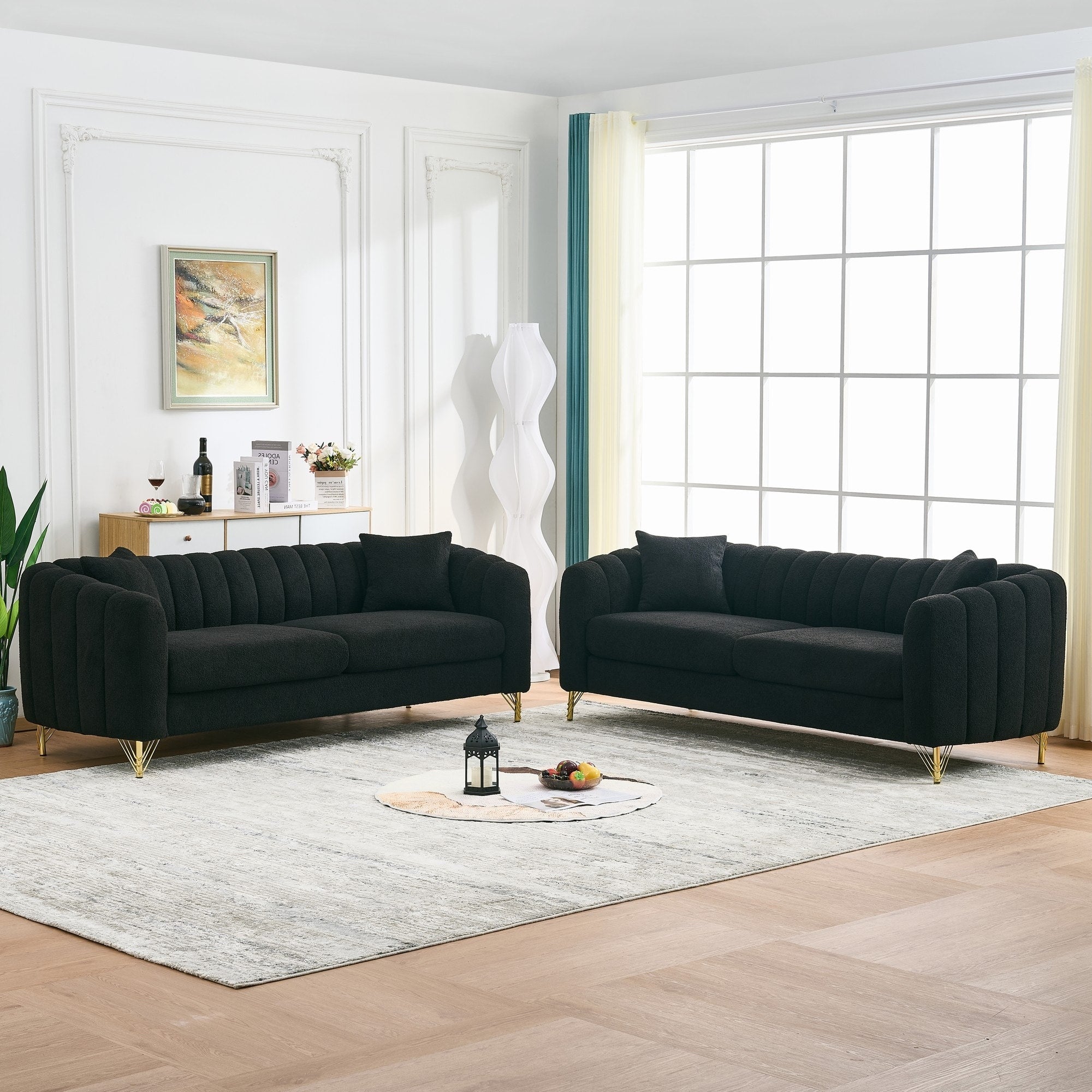 Roomfitters Two 85 Modern Teddy Fabric Sofa Set With Gold Legs Channel Stitched 2 Piece Living Room Furniture Set