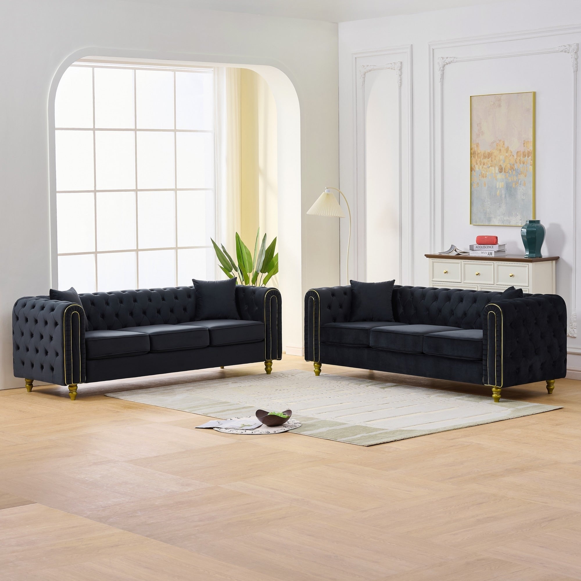 Roomfitters Two 86 Modern Upholstered Tuxedo Chesterfield Sofa Set With Gold Trim Button Back 2 Piece Couch Set
