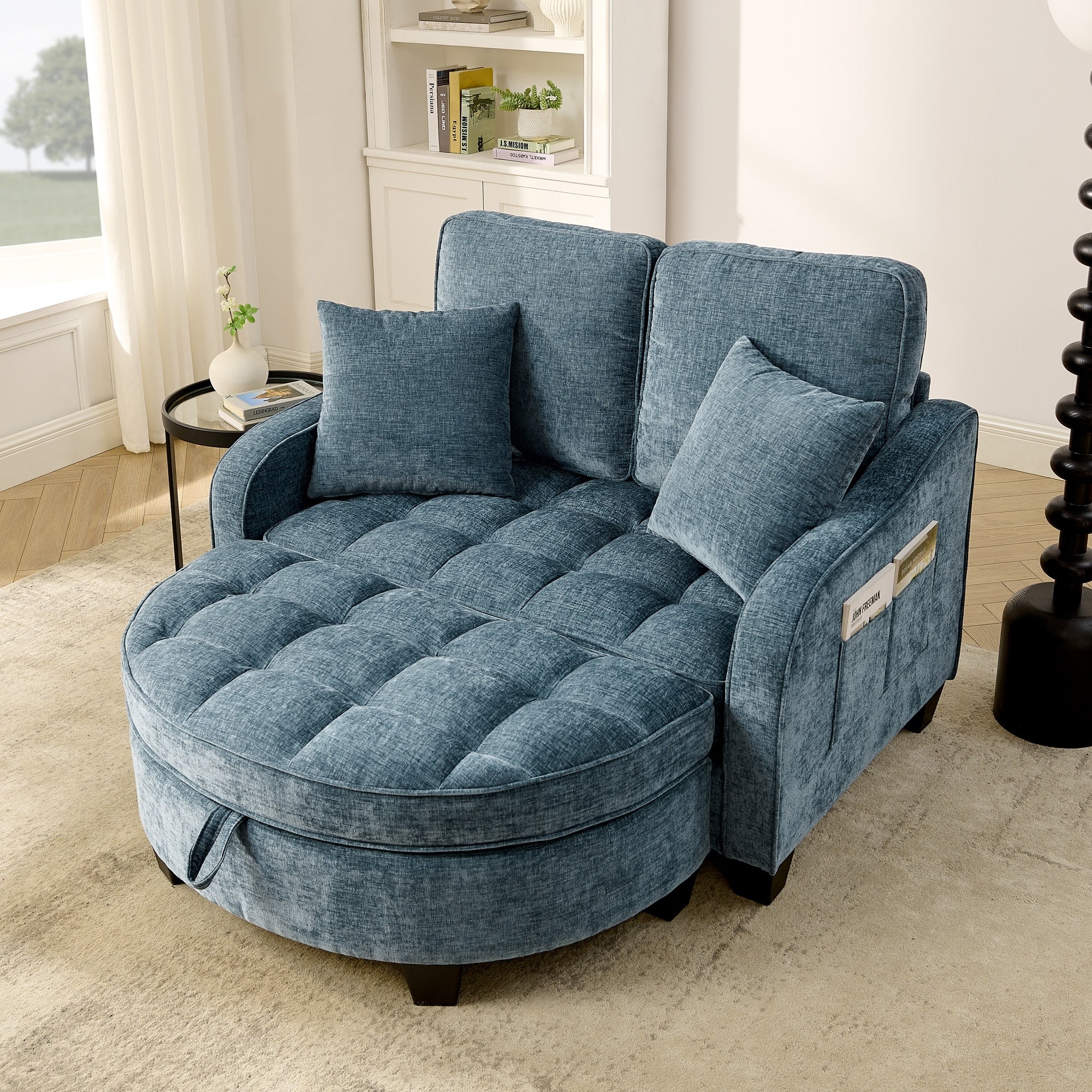 Roomfitters Two Seater Upholstered Modular Sofa With Round Storage Ottoman And Side Pockets Tufted Lounge Couch