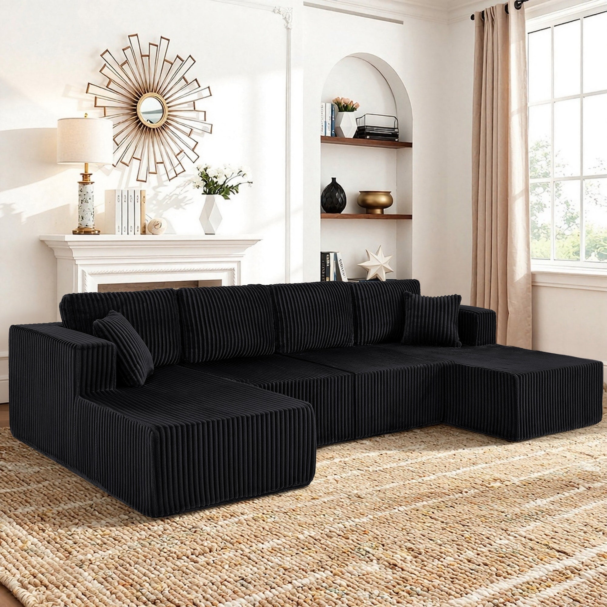 Roomfitters U Shaped Modular Sectional Sofa With Double Chaise Lounge Ribbed Corduroy Upholstered Living Room Couch