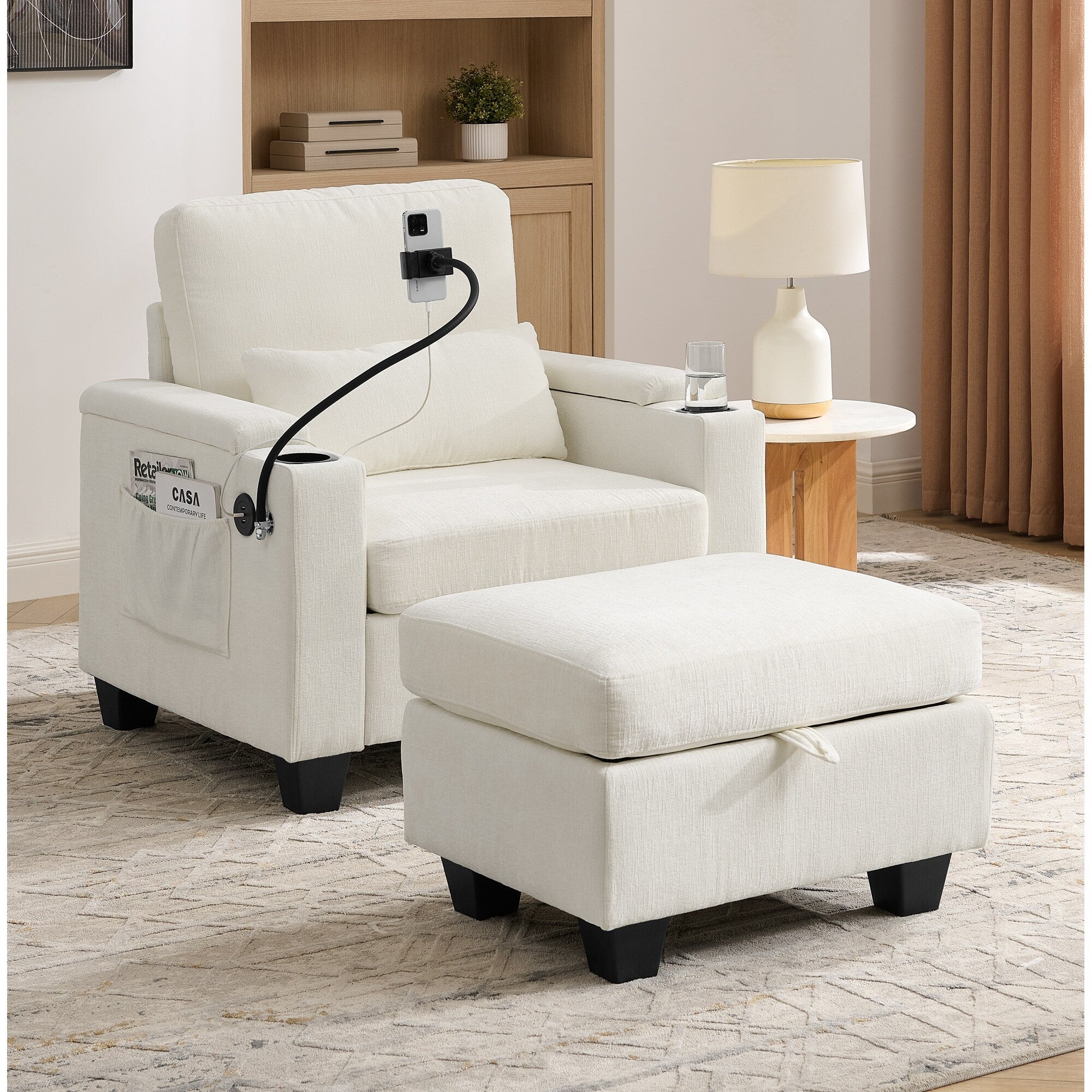 Roomfitters Upholstered Accent Chair With Storage Ottoman Cup Holder And Phone Mount Single Lounge Armchair Living Room