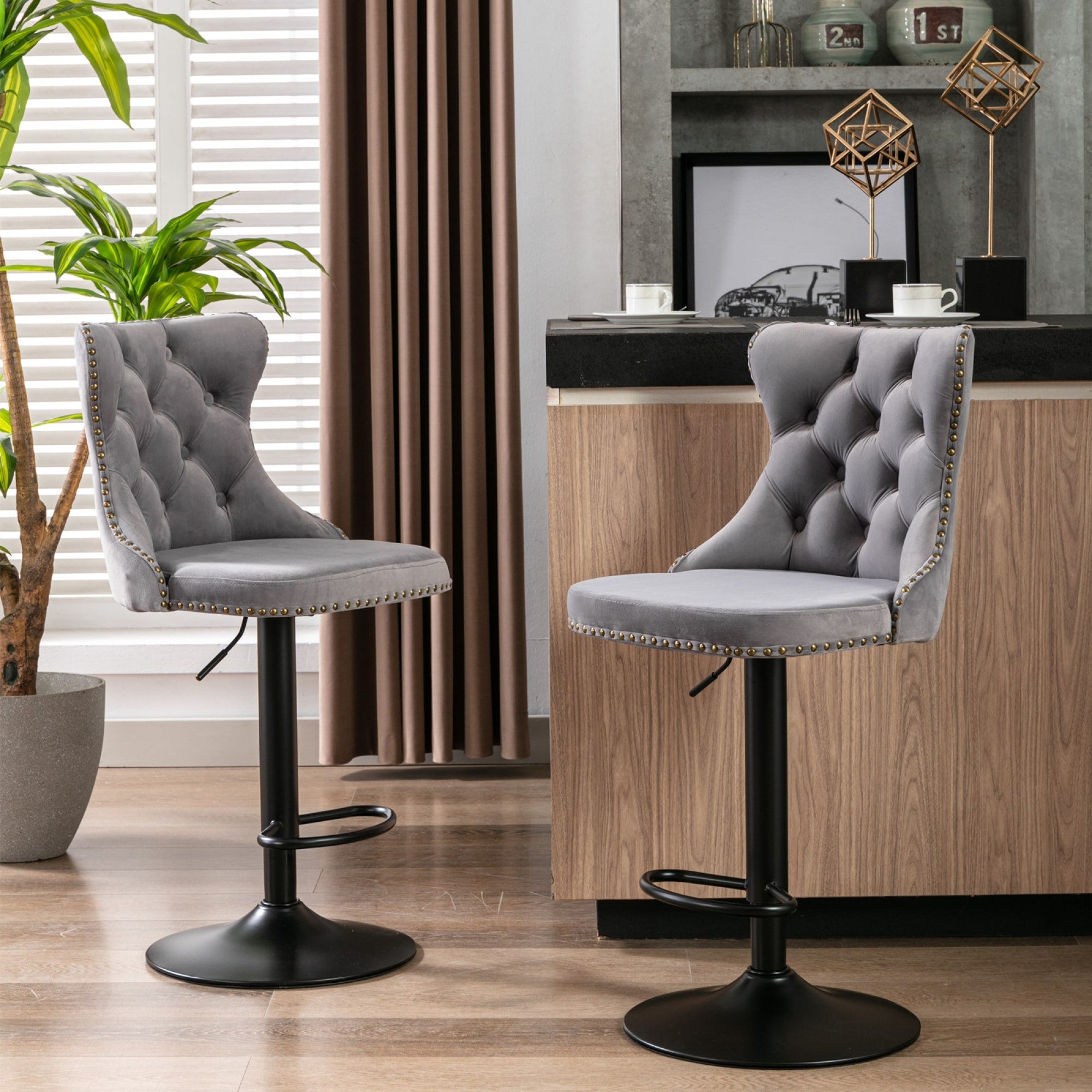 Roomfitters Upholstered Bar Stools Set Of 2 With Adjustable Height And Nailhead Trim Modern Swivel Counter Stools