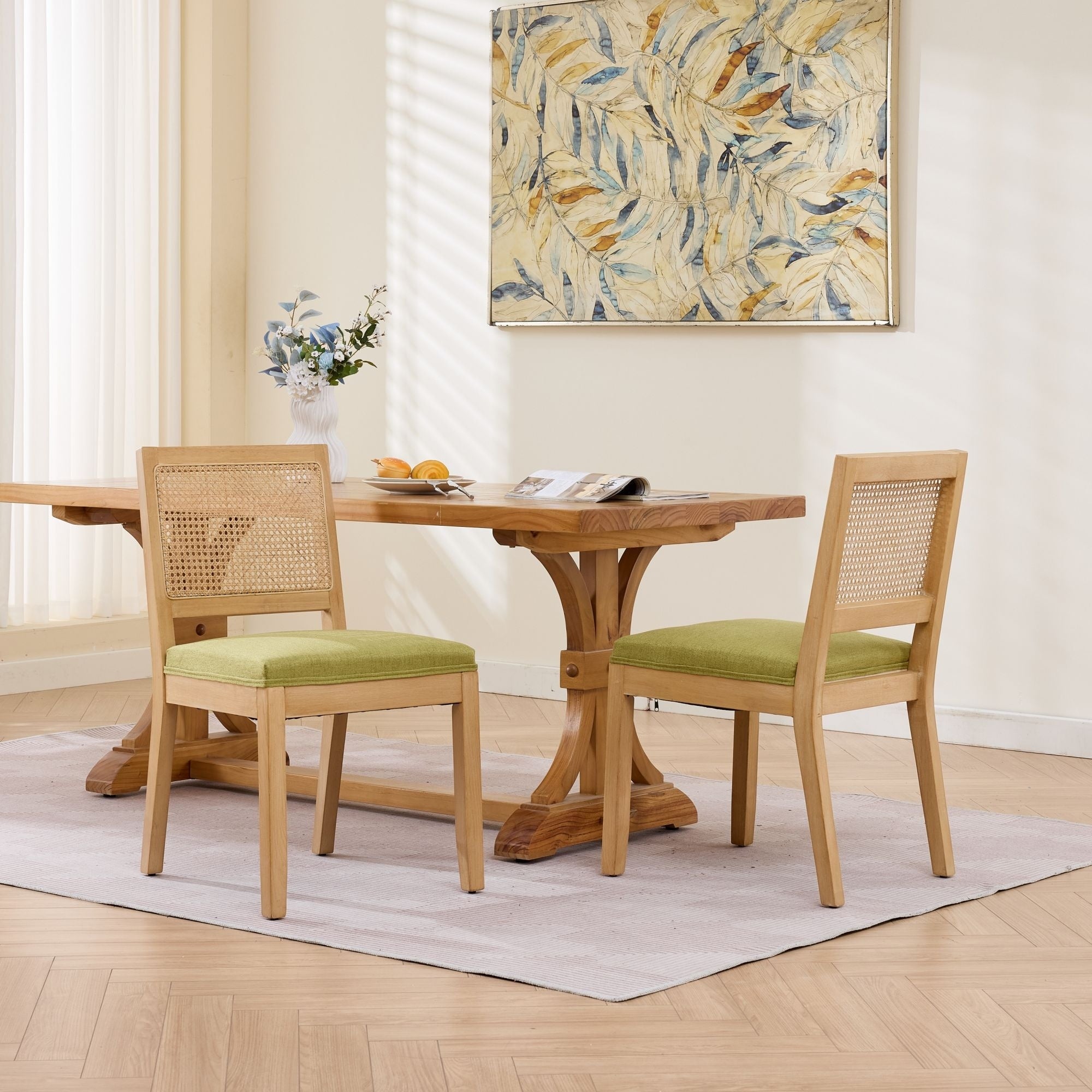 Roomfitters Upholstered Dining Chair Set Of 2 With Rattan Back Wood Legs Modern Farmhouse Side Chair For Kitchen
