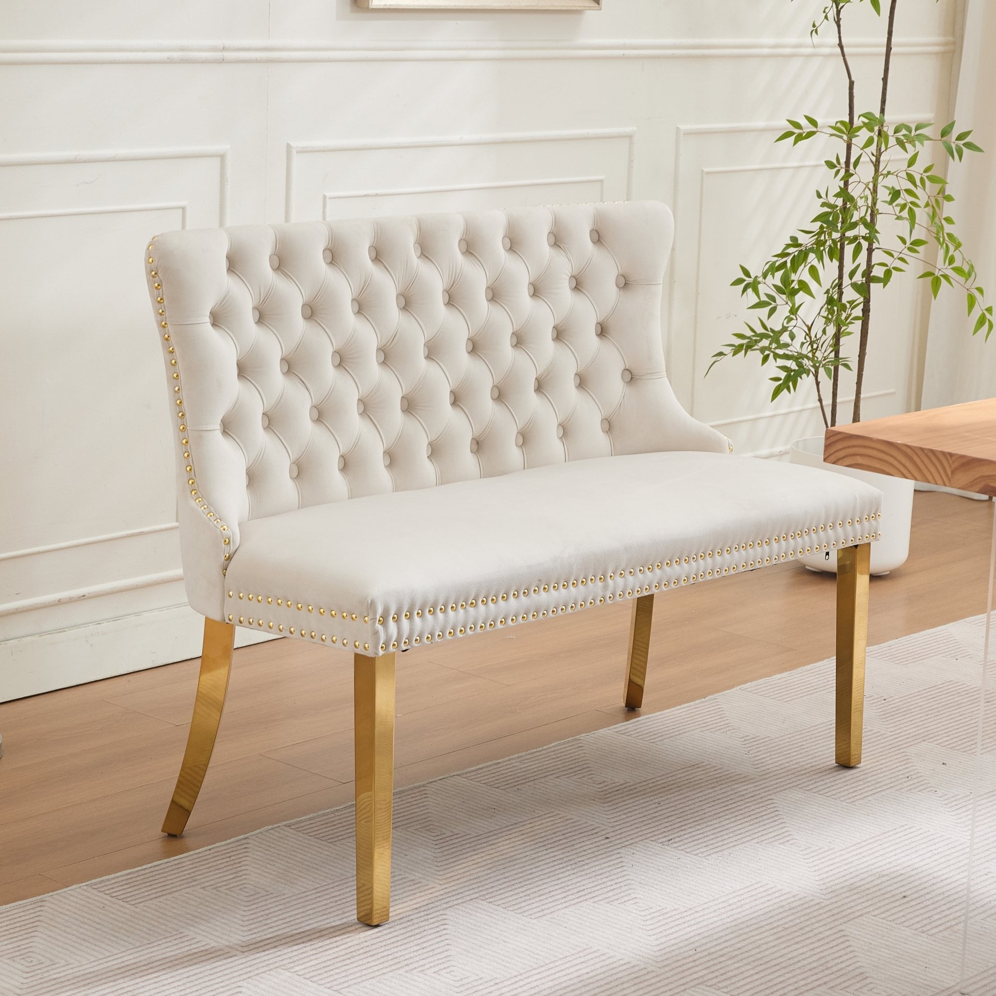 Roomfitters Upholstered Loveseat Bench With Nailhead Trim And Gold Metal Legs Modern High Back Settee For Dining Room Beige