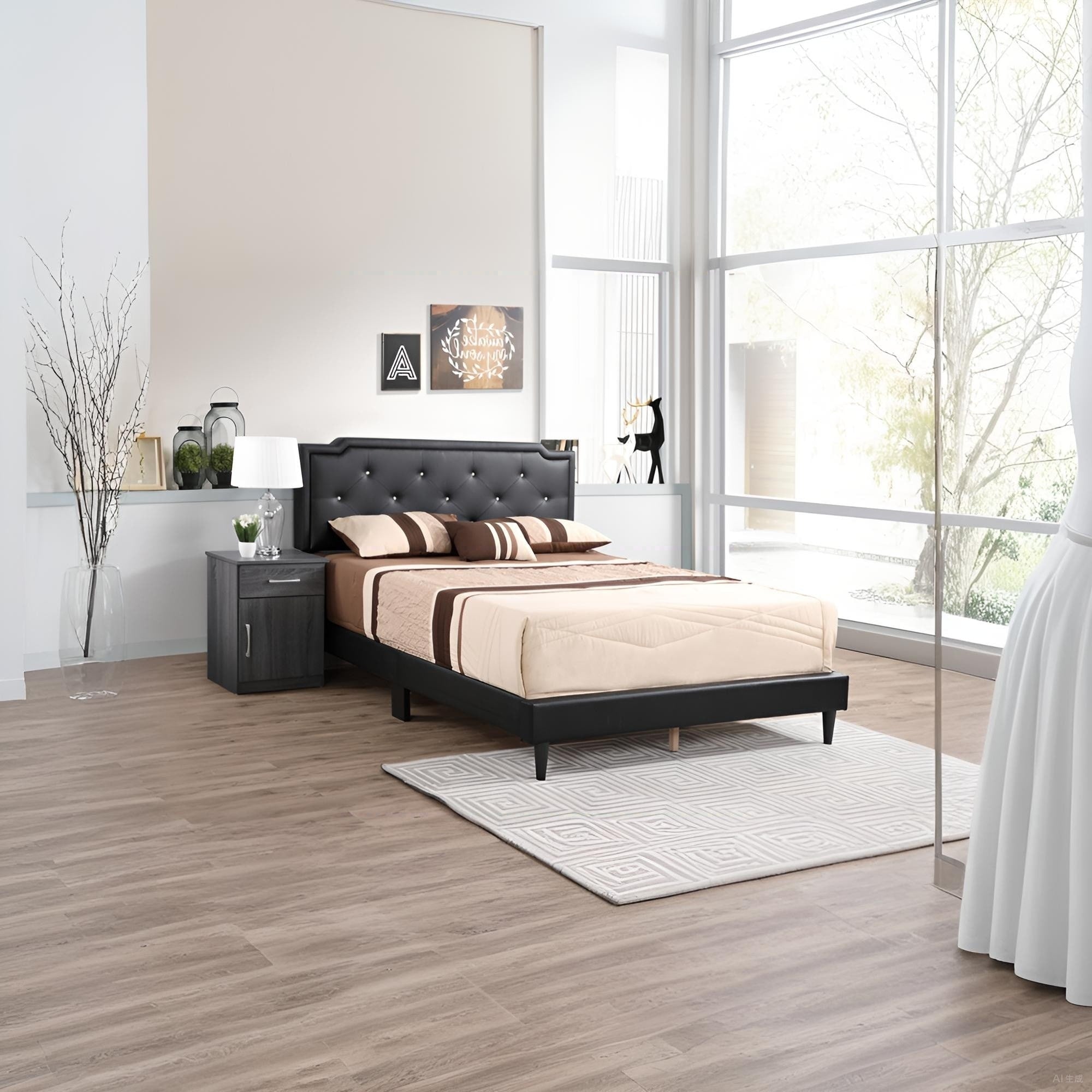 Roomfitters Upholstered Platform Bed Frame With Button Detailed Diamond Pattern Headboard No Box Spring Needed Black