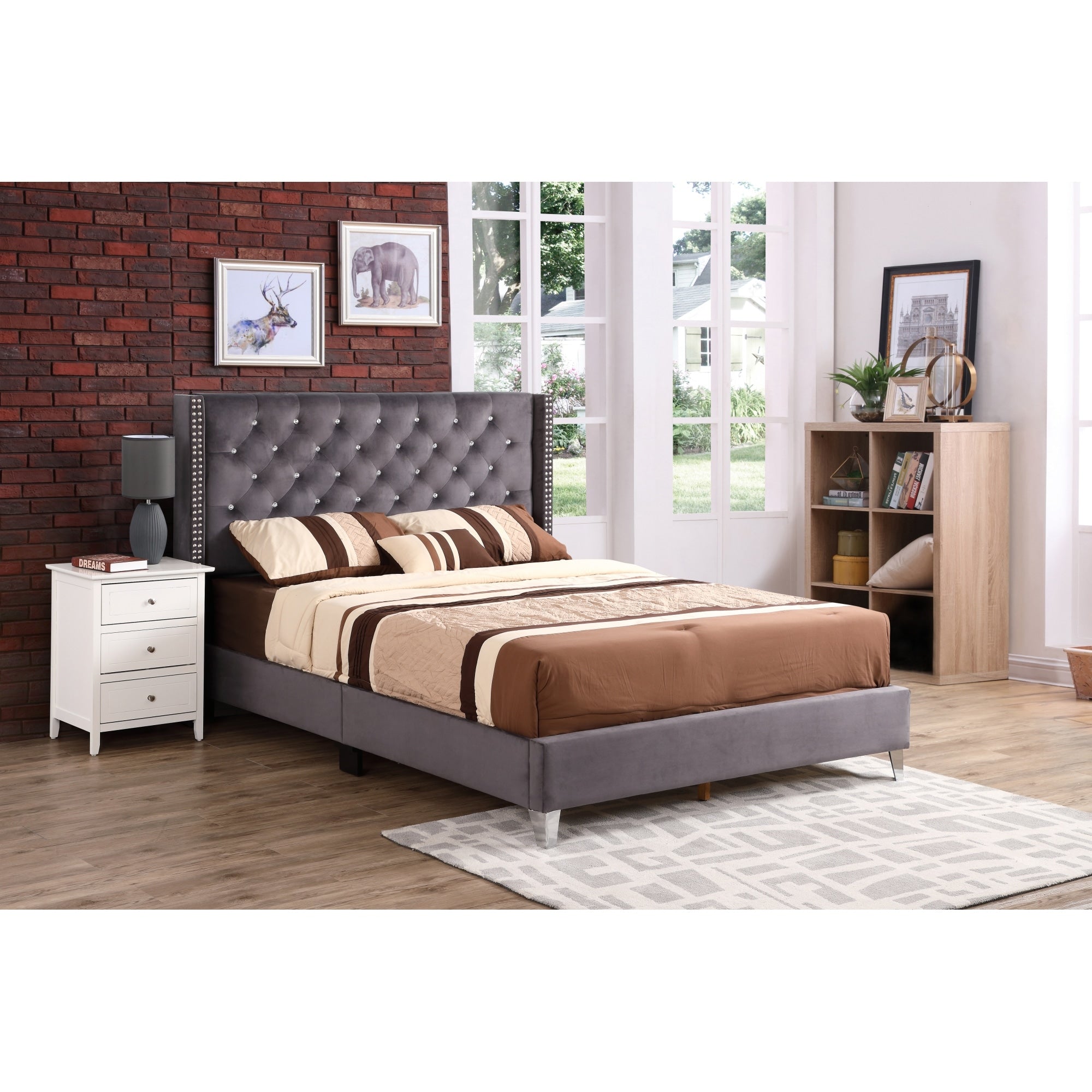 Roomfitters Upholstered Platform Bed Frame With Elegant Wingback Nailhead Trim Headboard No Box Spring Required