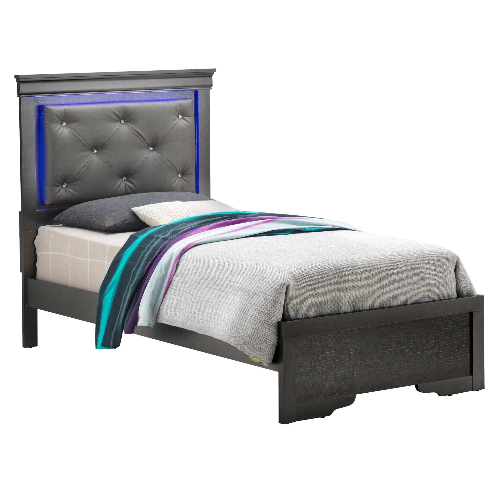 Roomfitters Upholstered Platform Bed Frame With Led Button Detailed Headboard No Box Spring Needed