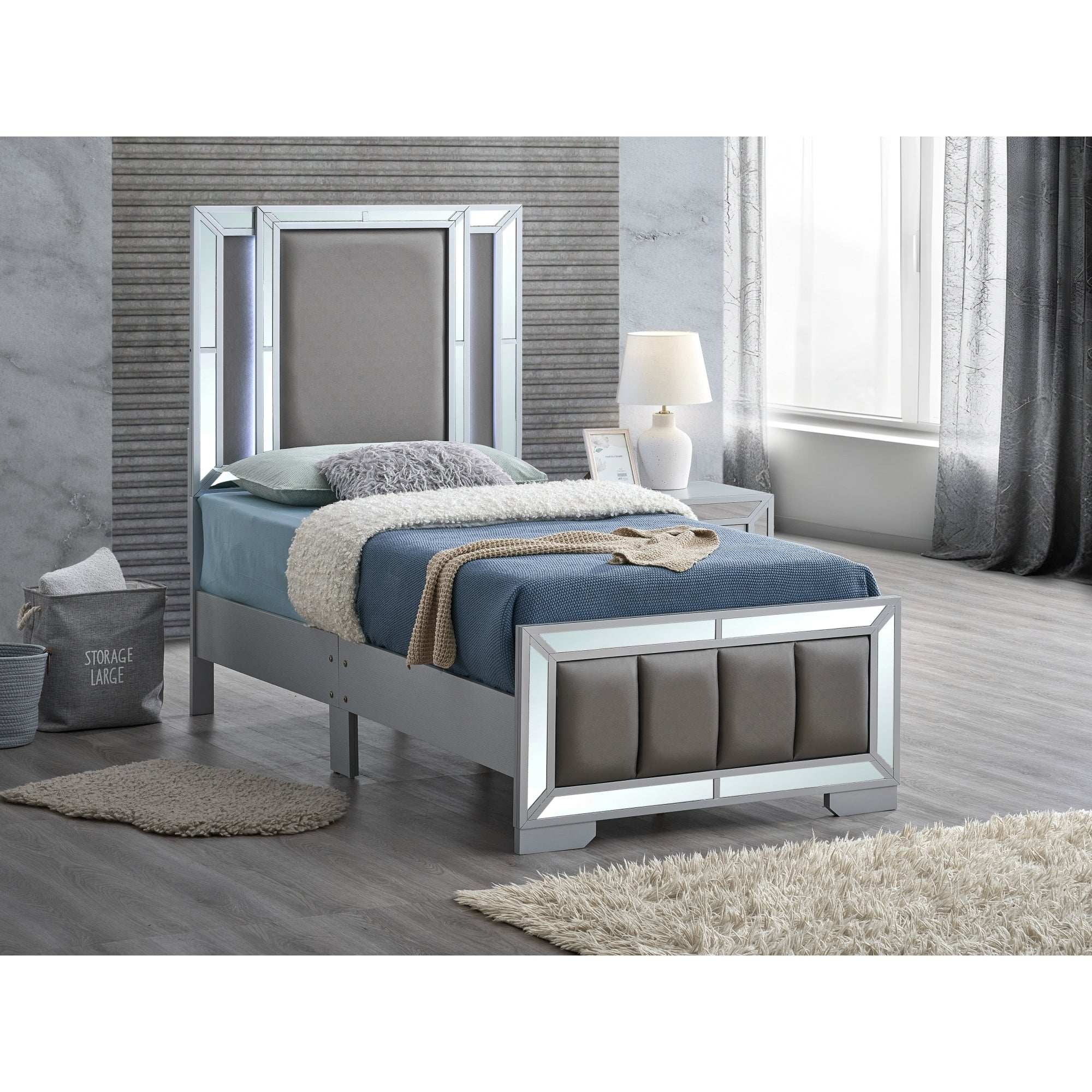 Roomfitters Upholstered Platform Bed Frame With Led Lighted Headboard And Mirrored Trim No Box Spring Needed Silver