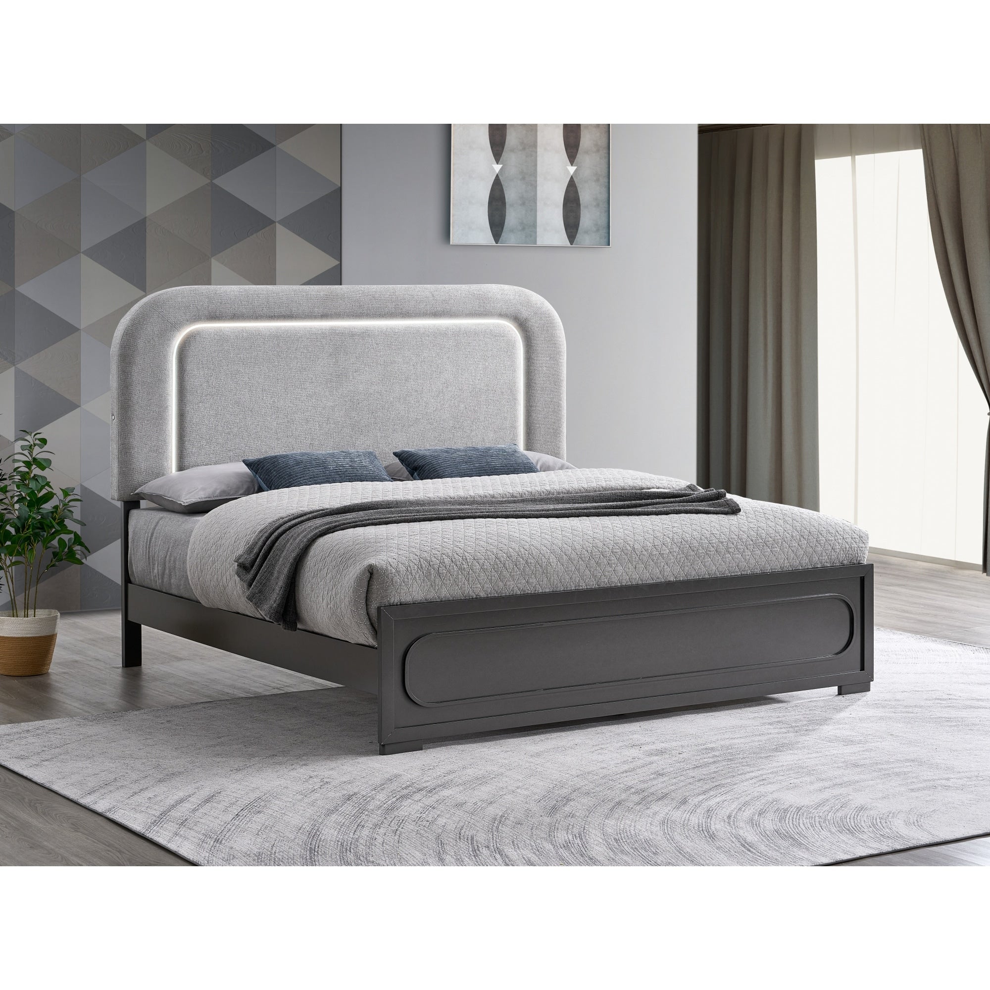 Roomfitters Upholstered Platform Bed Frame With Led Lighted Headboard Wood Slat Support No Box Spring Needed Wenge