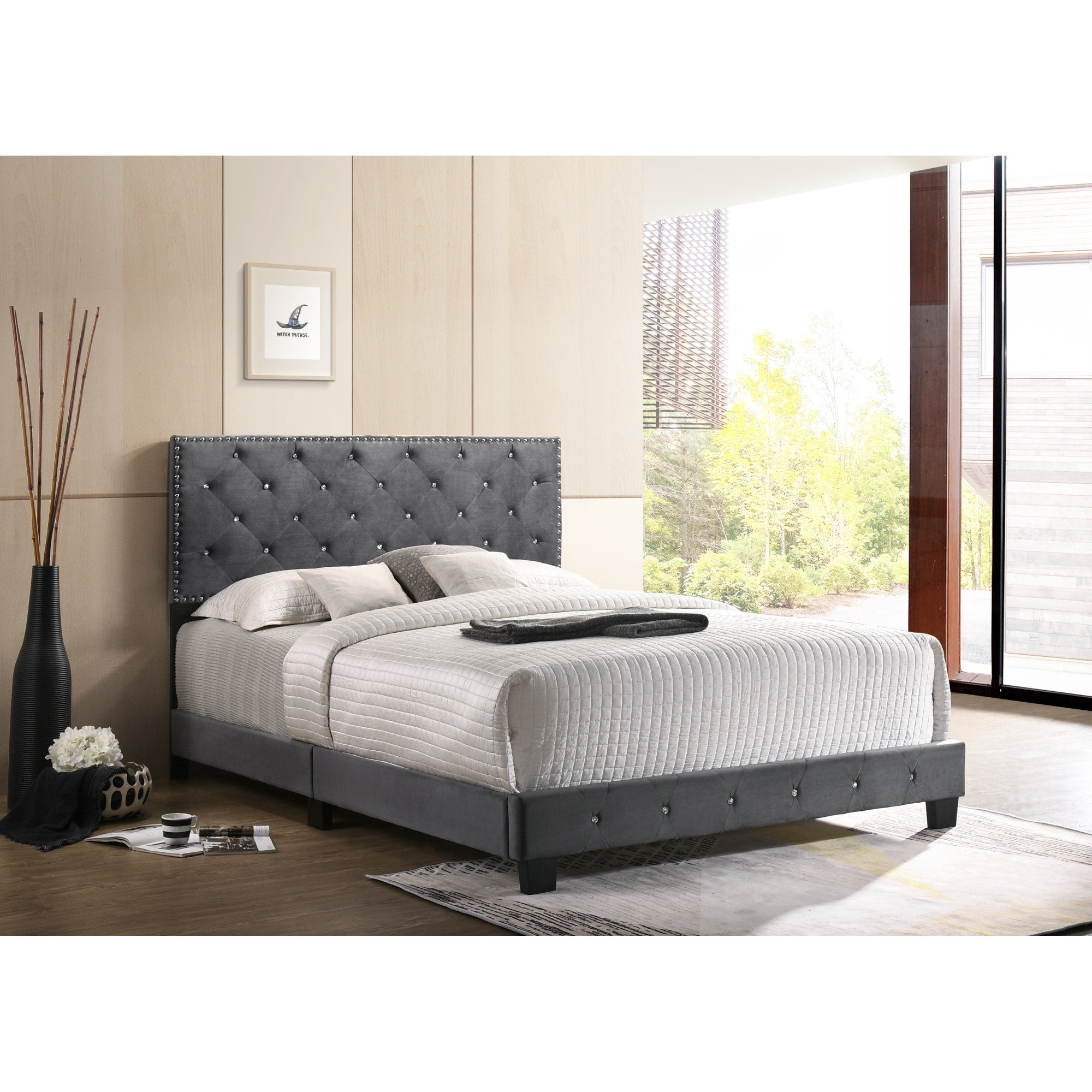 Roomfitters Upholstered Platform Bed Frame With Nailhead Trim And Diamond Pattern Headboard No Box Spring Needed
