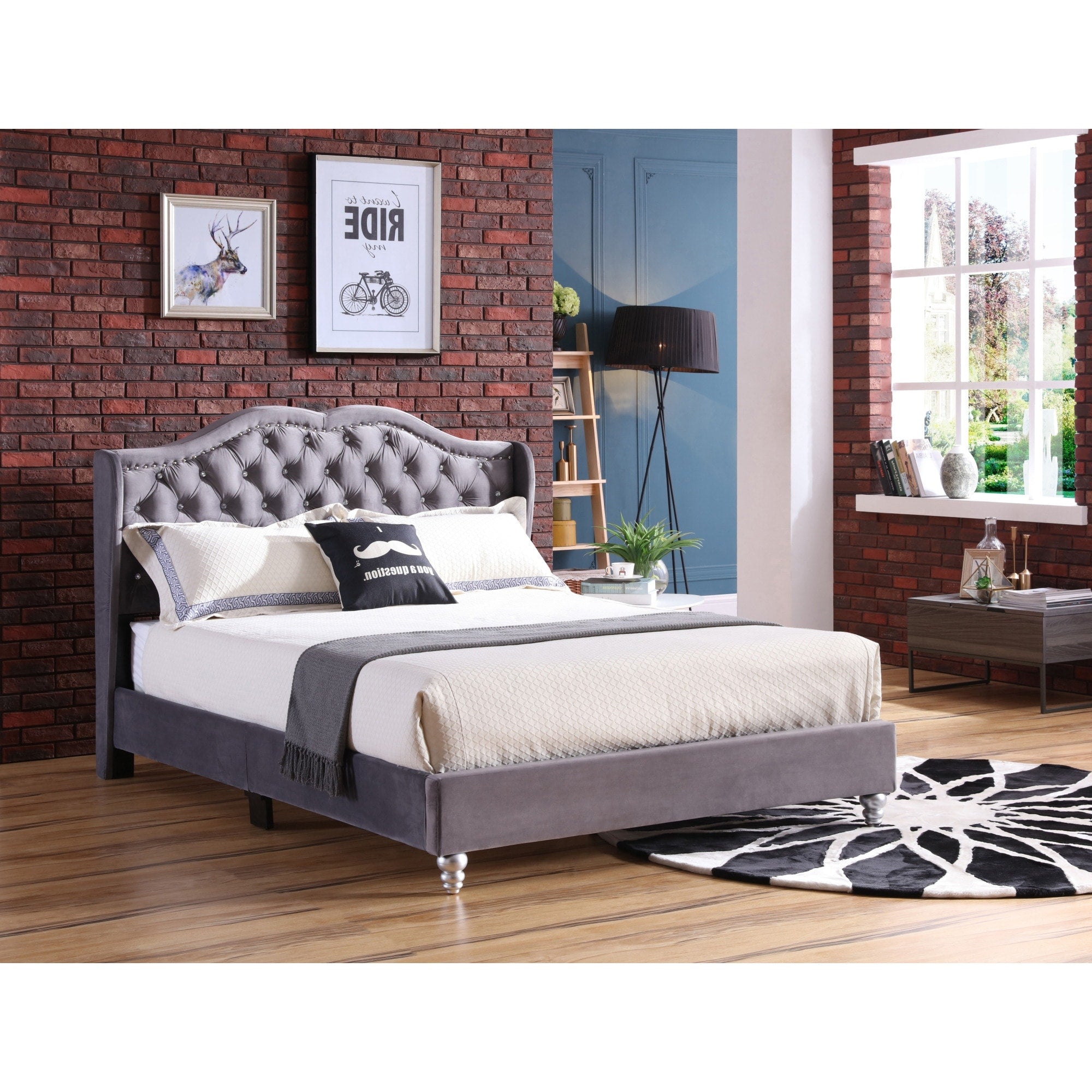Roomfitters Upholstered Platform Bed Frame With Wingback Nailhead Trim Headboard And Decorative Legs