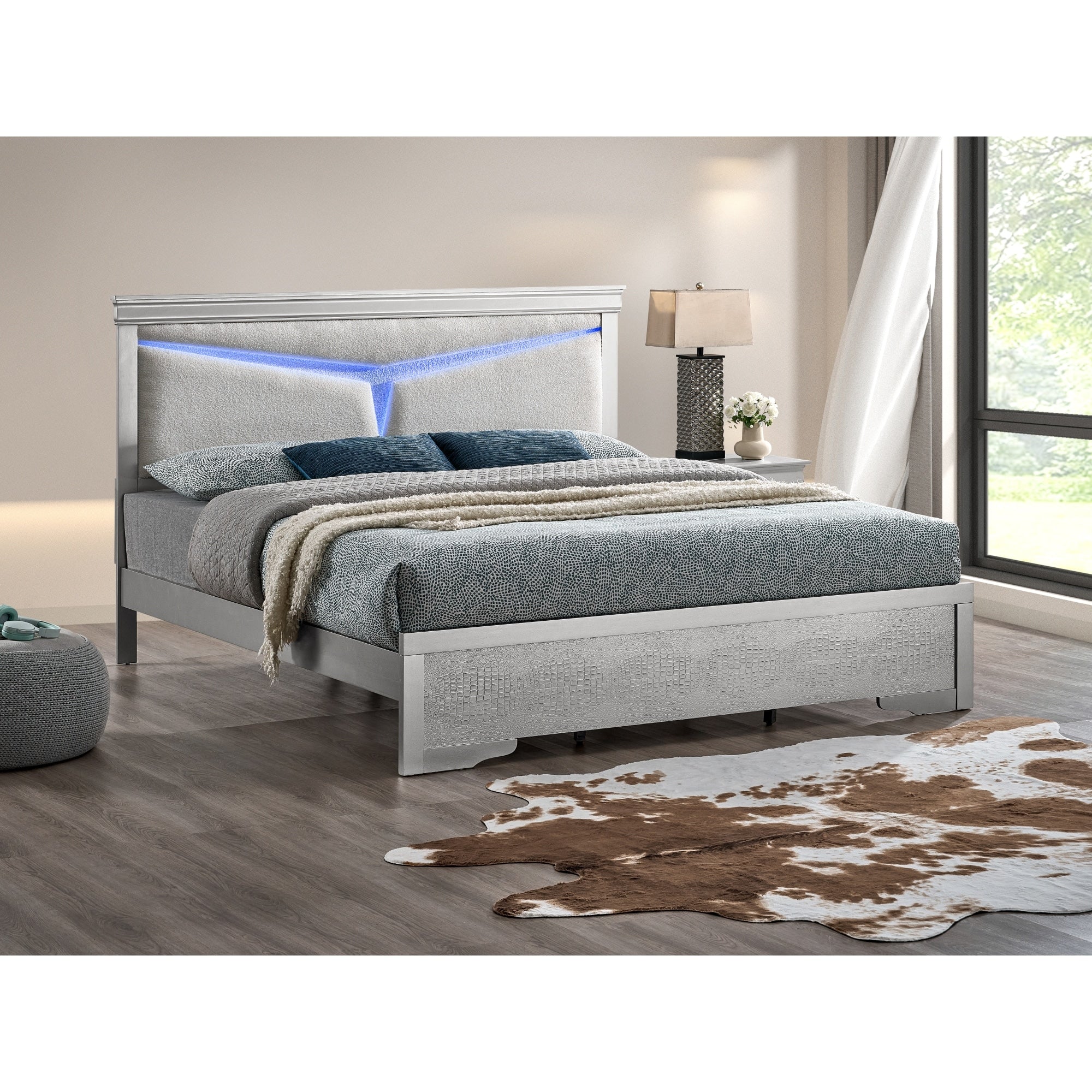 Roomfitters Upholstered Platform Bed Frame With Y Pattern Led Lighted Headboard No Box Spring Needed