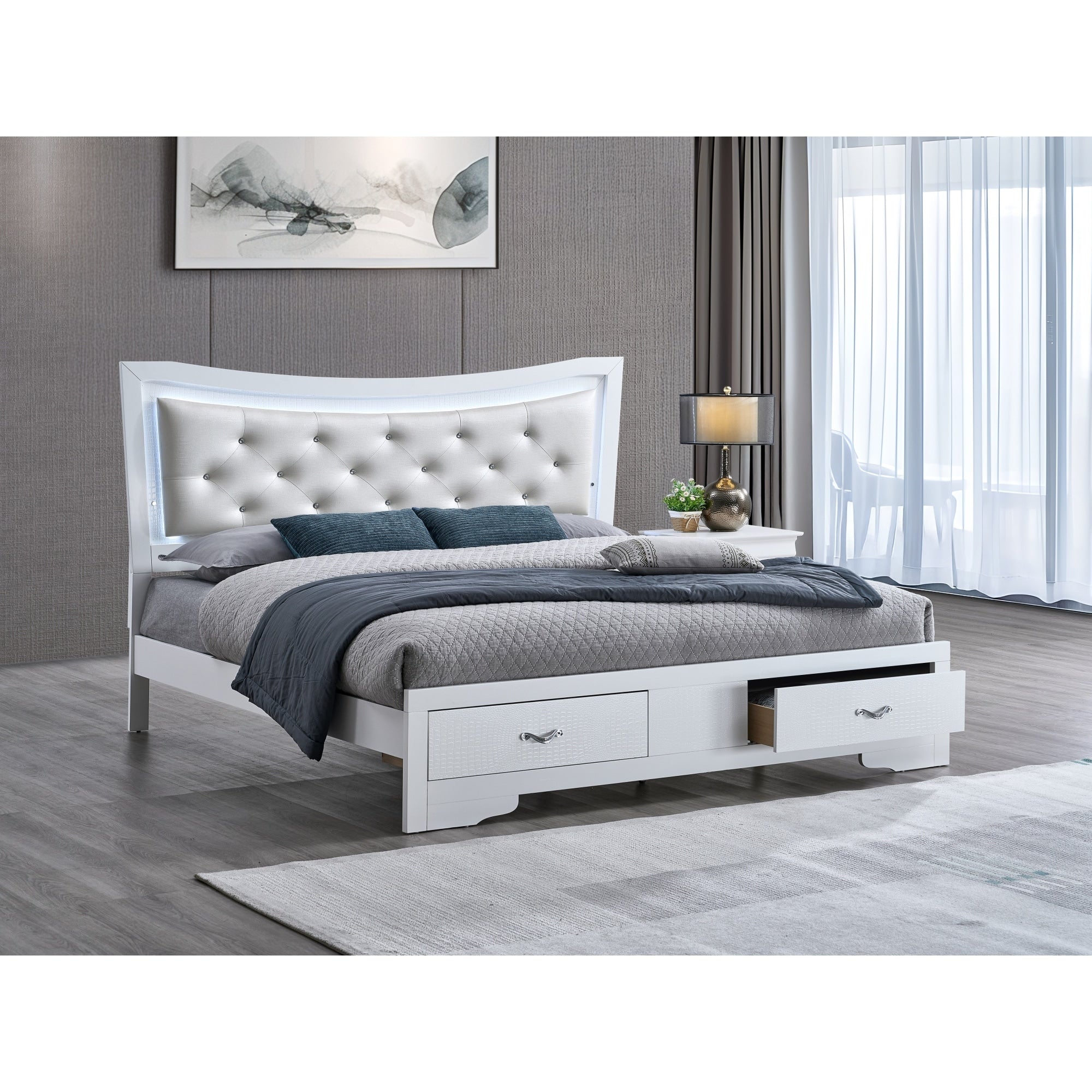 Roomfitters Upholstered Storage Bed Frame With Led Lighted Button Headboard And Footboard Drawers Sparkling White