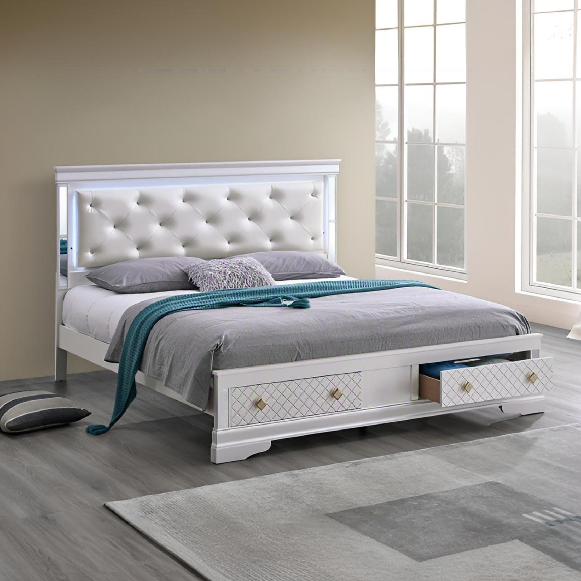 Roomfitters Upholstered Storage Bed Frame With Led Lighted Headboard Underbed Drawers No Box Spring Needed Pearl White