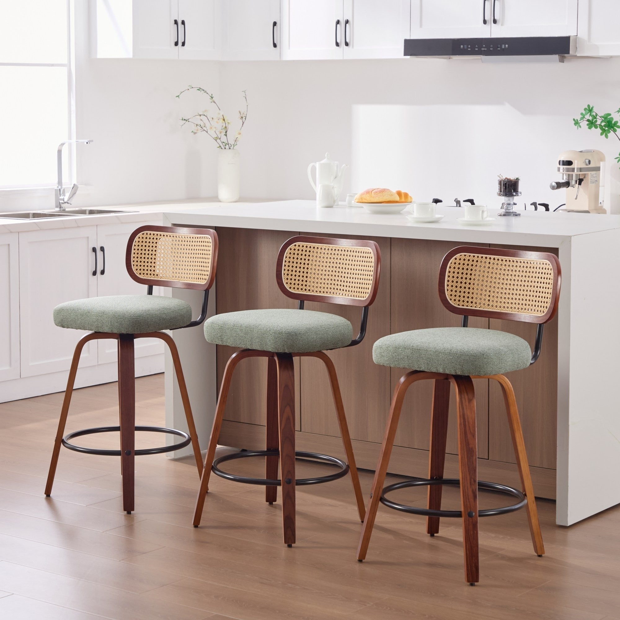 Roomfitters Upholstered Swivel Bar Stools Set Of 3 With Rattan Back And Wood Legs Modern Counter Height Dining Chairs