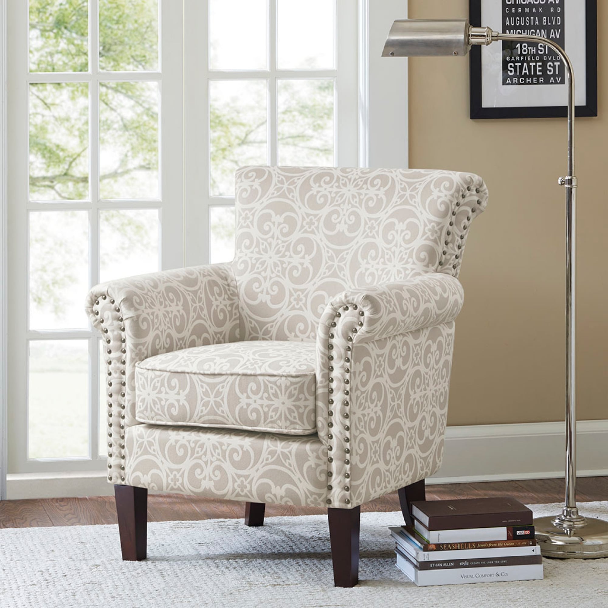 Roomfitters Upholstered Tight Back Club Chair With Bronze Nailhead Trim And Espresso Legs Scroll Pattern Beige