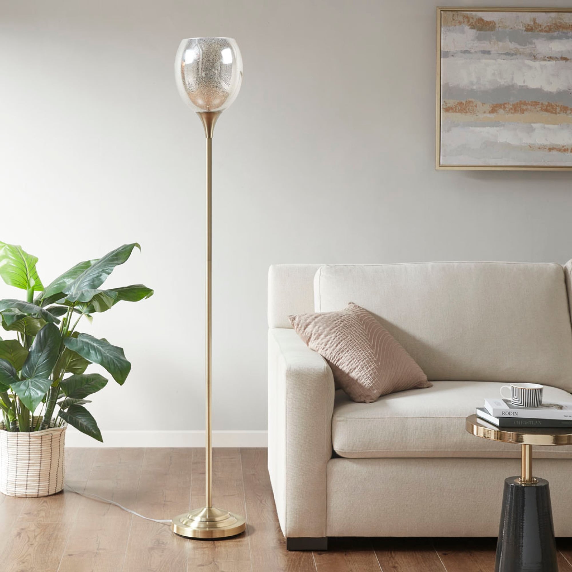 Roomfitters Uplight Floor Lamp With Mercury Glass Bowl Shade And Antique Brass Metal Finish Led Bulb Included
