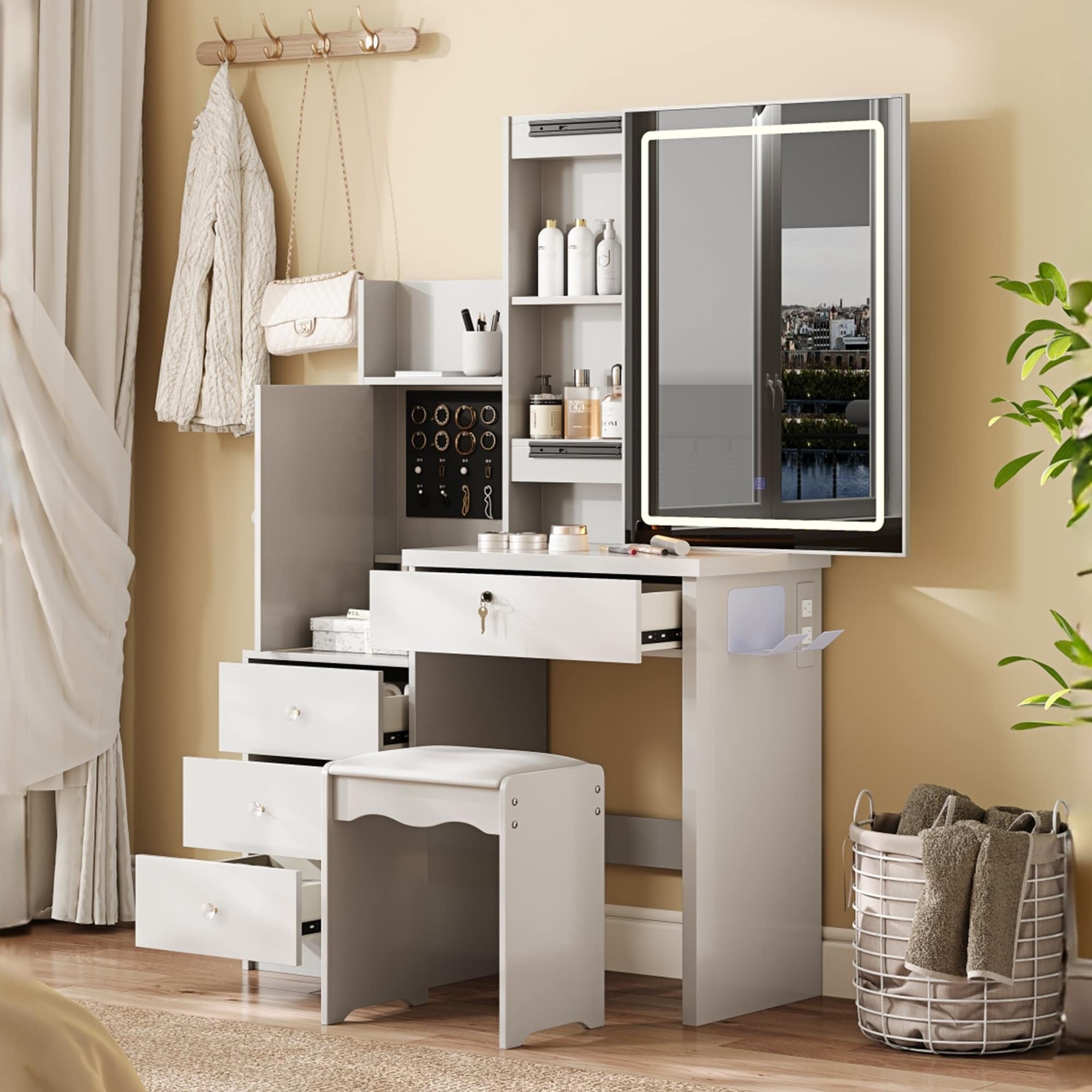Roomfitters Vanity Desk Set With Sliding Lighted Mirror Makeup Dressing Table With 4 Drawers 9 Storage Spaces White